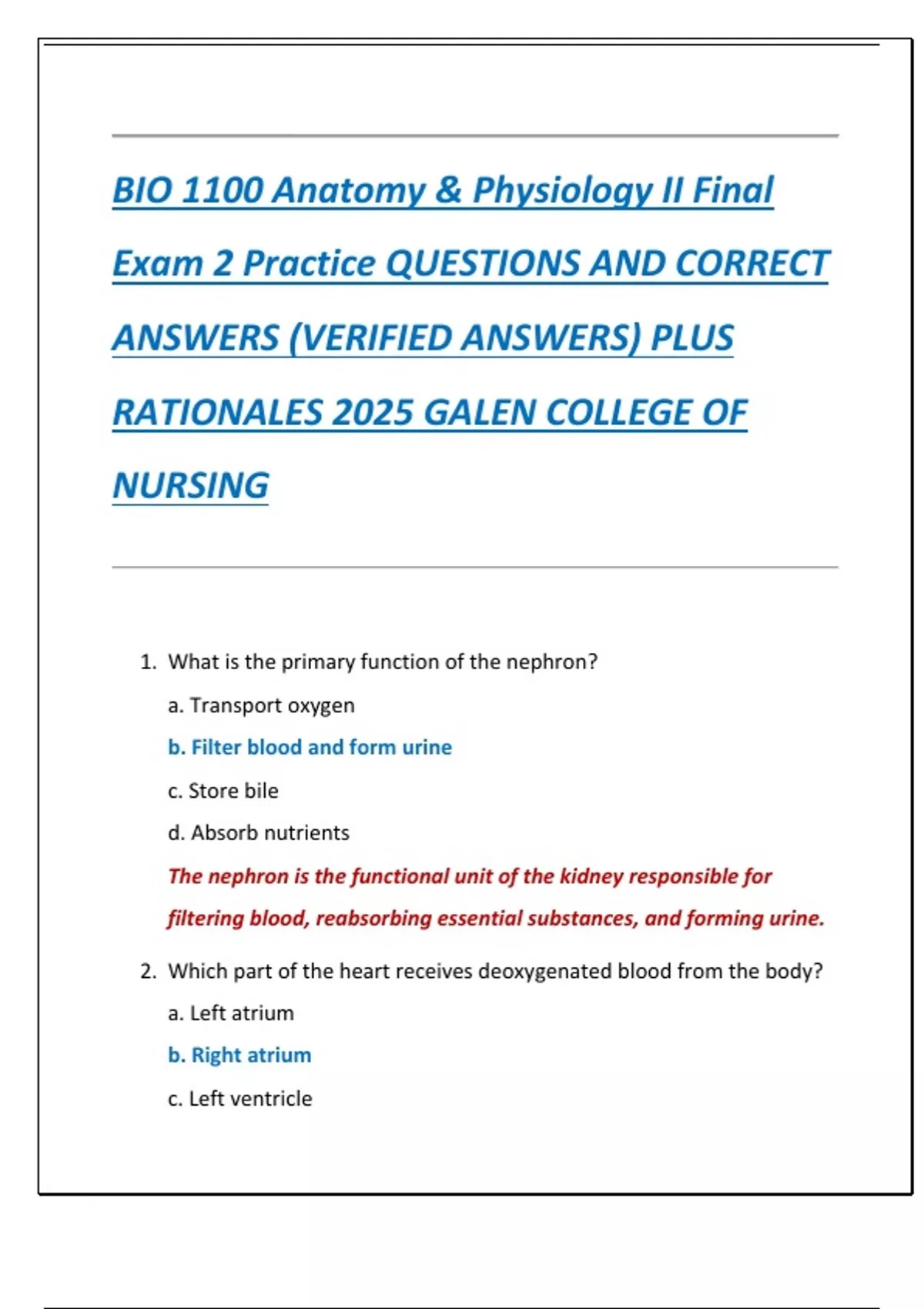 BIO 1100 Anatomy & Physiology II Final Exam 2 Practice QUESTIONS AND ...