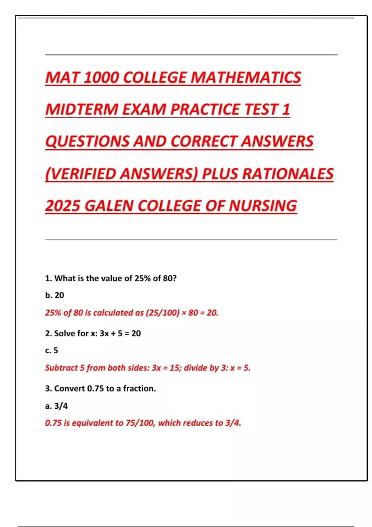 MAT 1000 COLLEGE MATHEMATICS MIDTERM EXAM PRACTICE TEST 1 QUESTIONS AND ...