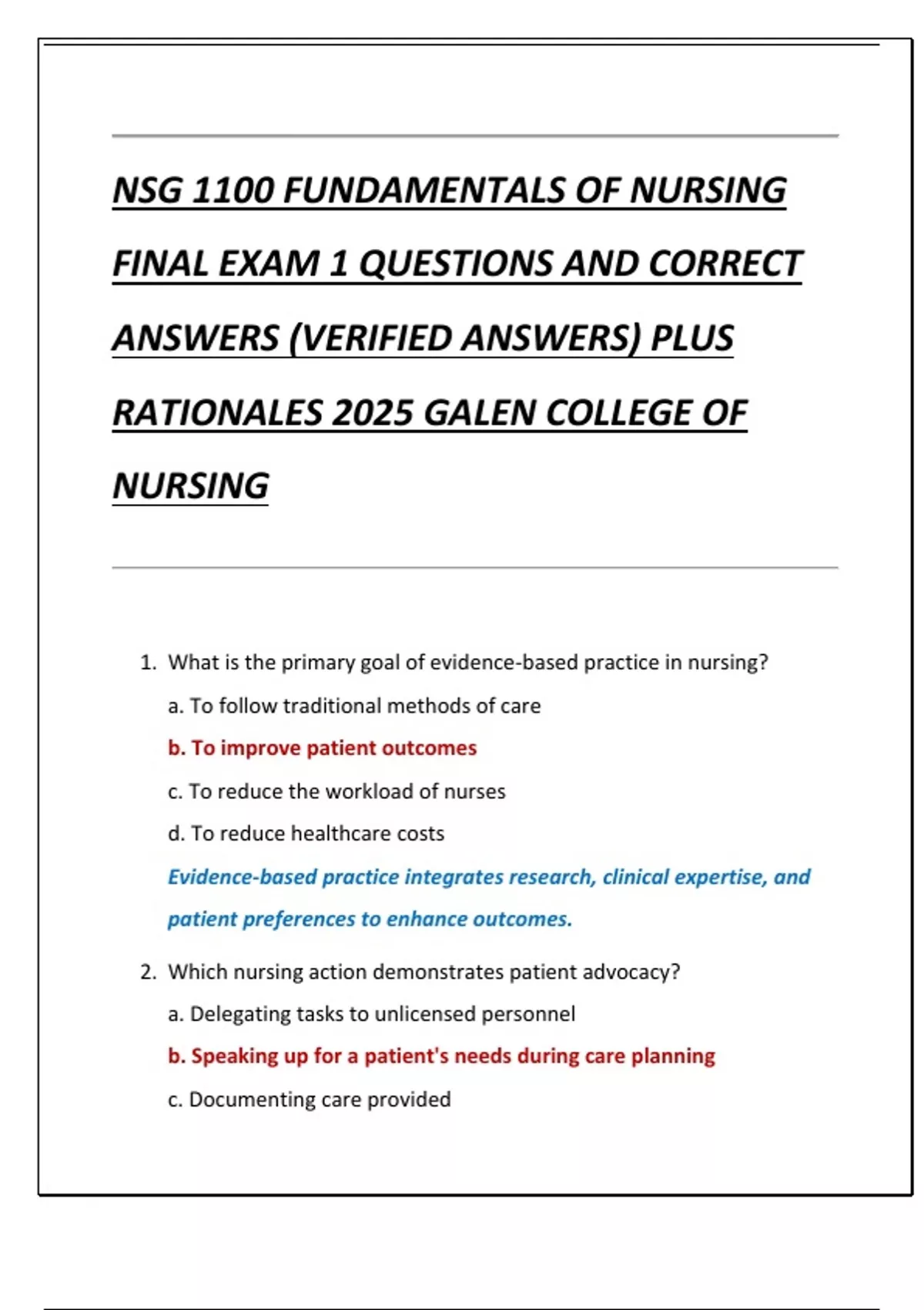 NSG 1100 FUNDAMENTALS OF NURSING FINAL EXAM 1 QUESTIONS AND CORRECT ...