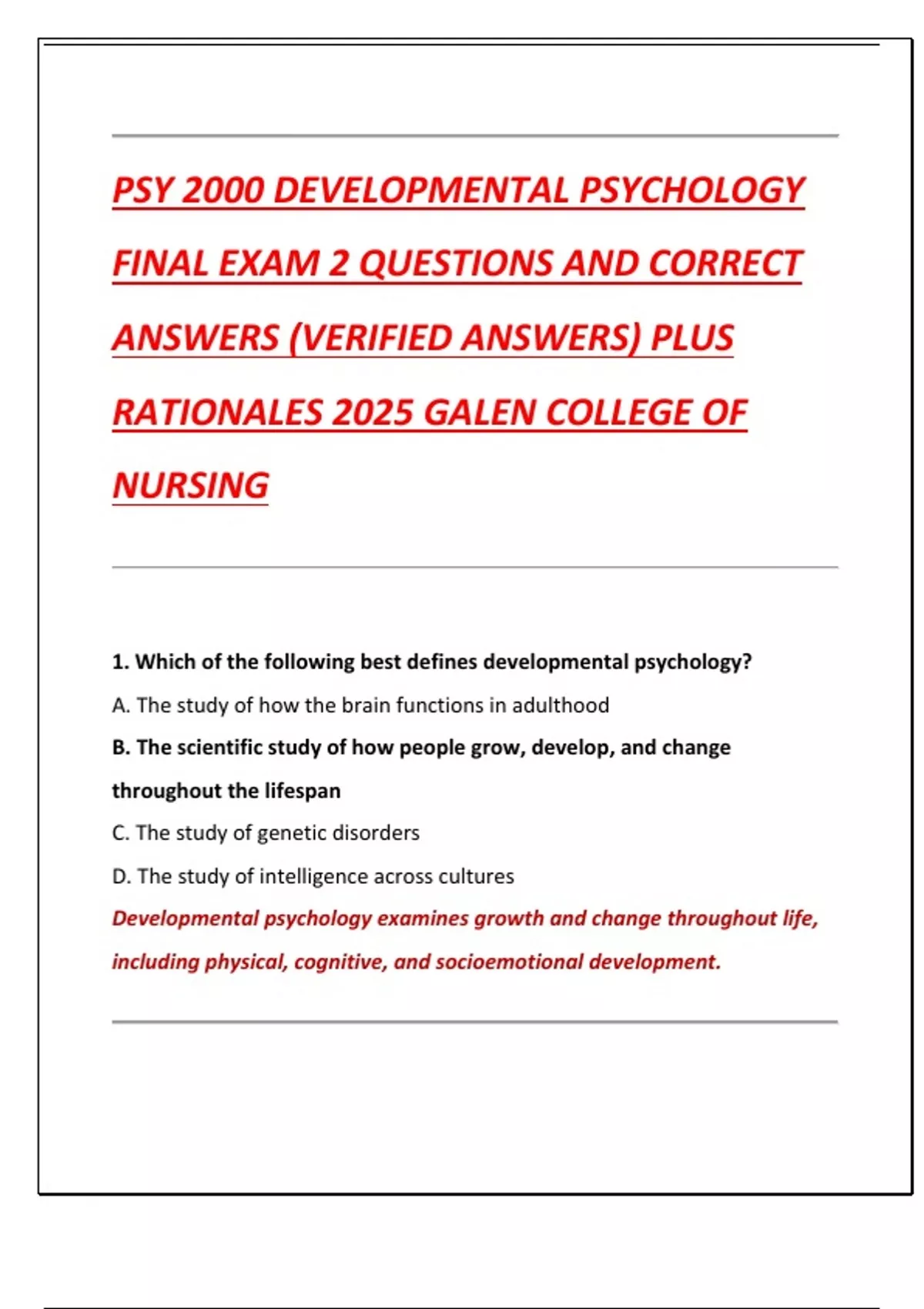 PSY 2000 DEVELOPMENTAL PSYCHOLOGY FINAL EXAM 2 QUESTIONS AND CORRECT ...