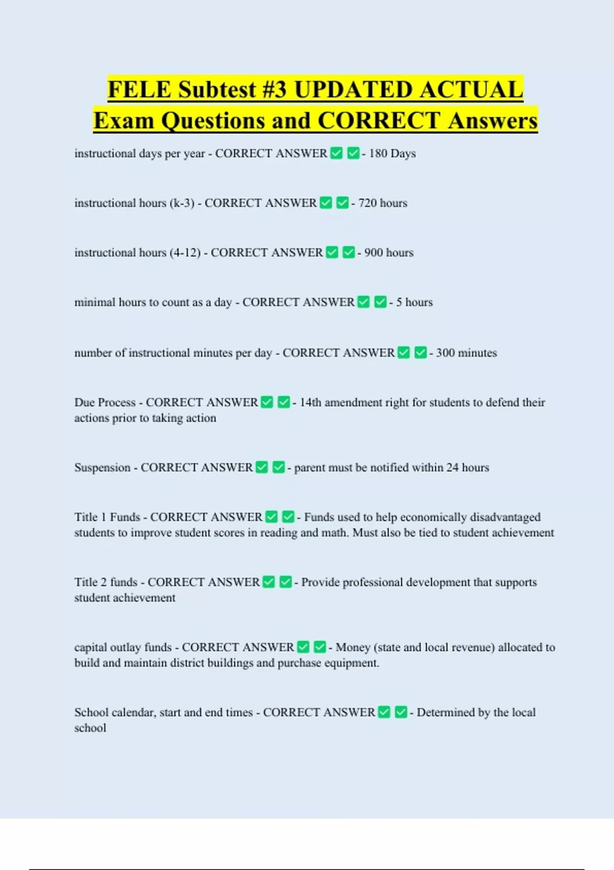 FELE Subtest #3 UPDATED ACTUAL Exam Questions and CORRECT Answers ...