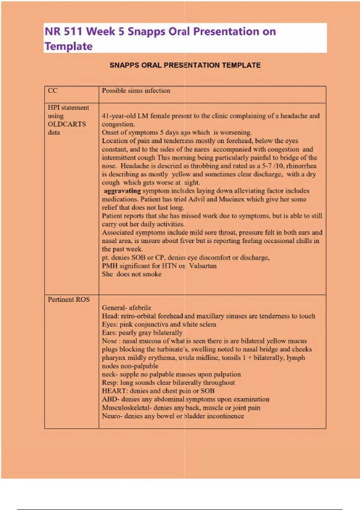 NR 511 Week 5 SNAPPS Oral Presentation on Template - NR 511 - Stuvia US