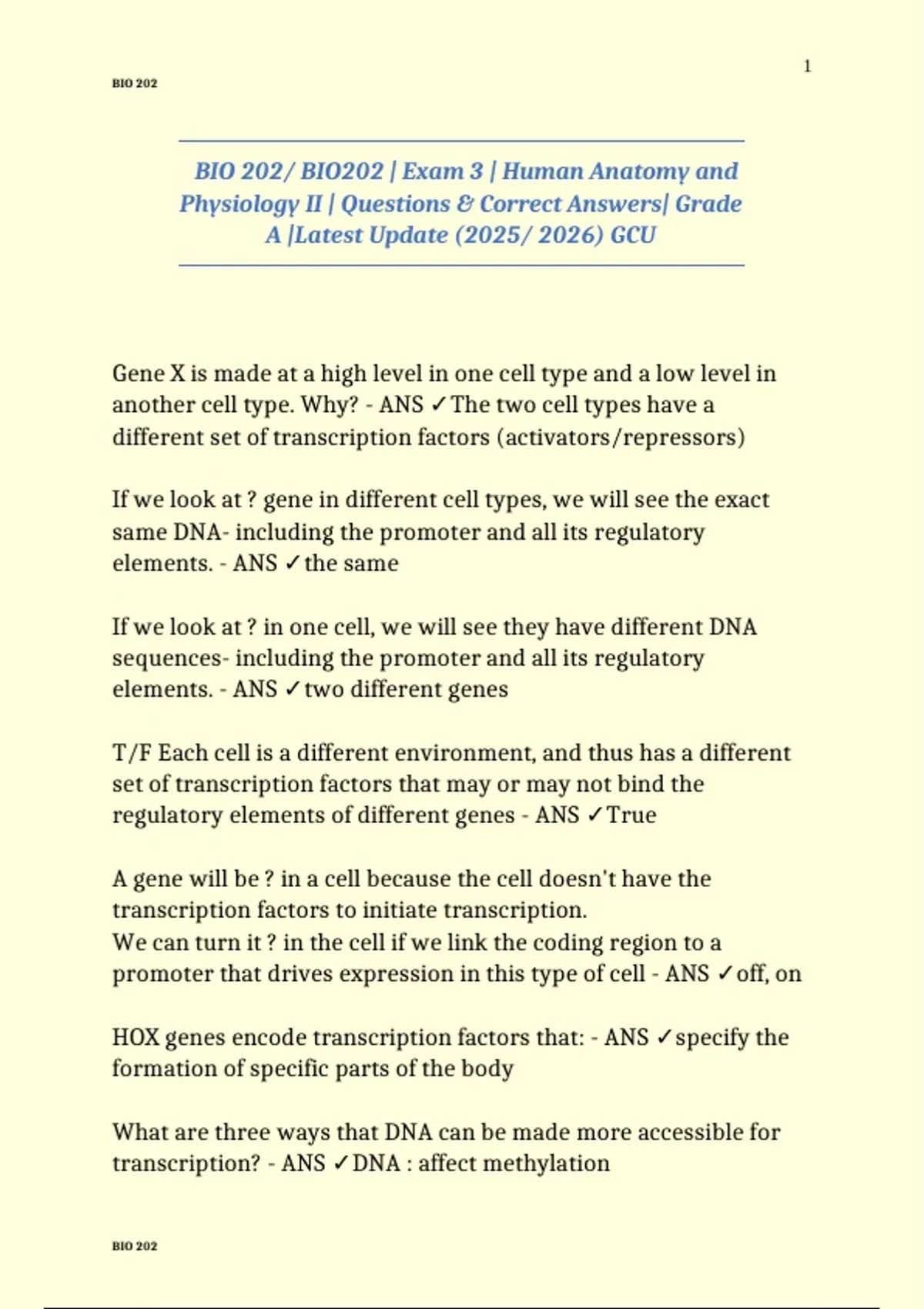 BIO 202/ BIO202 | Exam 3 | Human Anatomy and Physiology II | Questions ...
