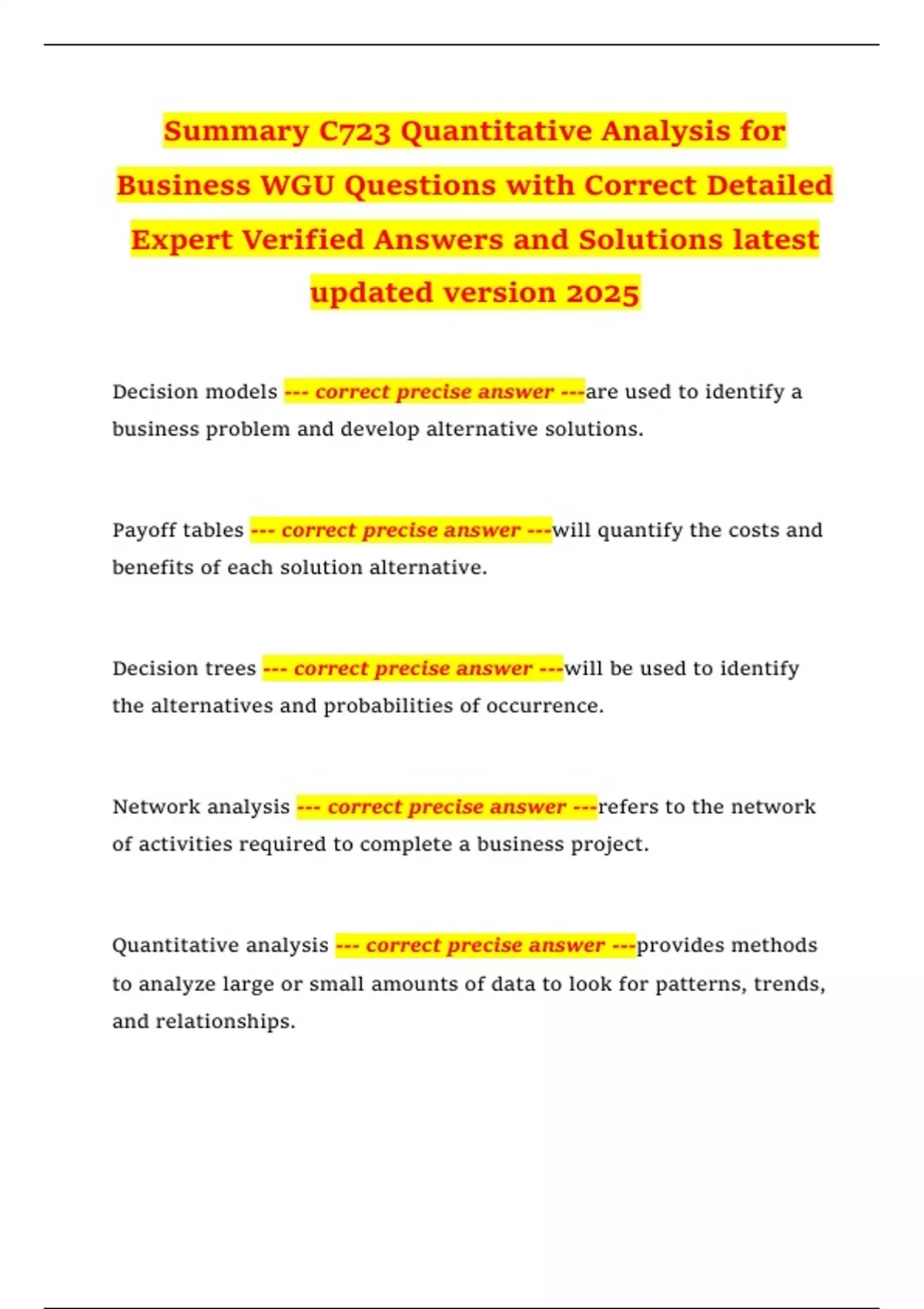 Summary C723 Quantitative Analysis for Business WGU Questions with ...
