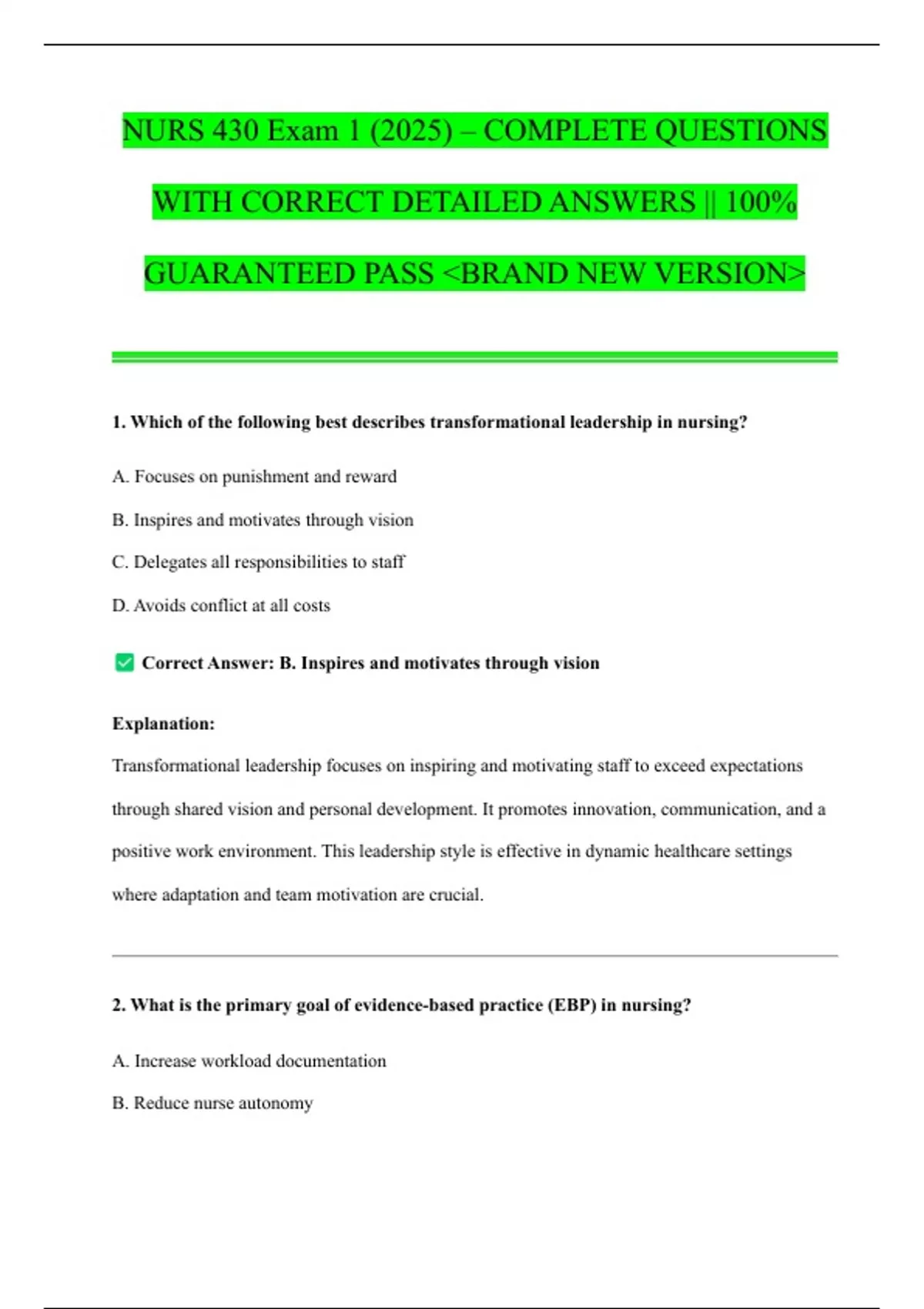 NURS 430 Exam 1 (2025) – COMPLETE QUESTIONS WITH CORRECT DETAILED ...