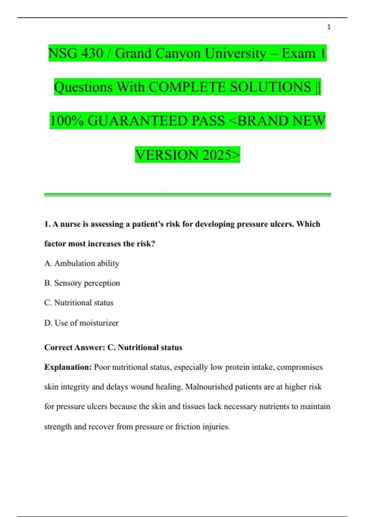 NSG 430 / Grand Canyon University – 2025 Exam Package with Complete ...