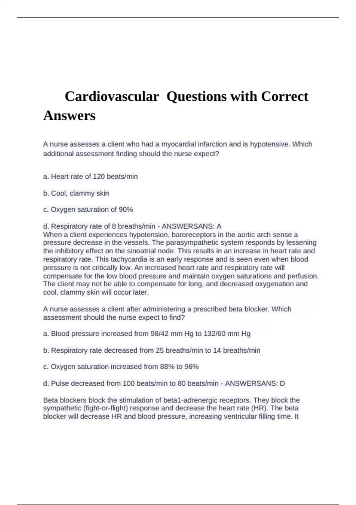 Cardiovascular Questions with Correct Answers - Cardiovascular - Stuvia US