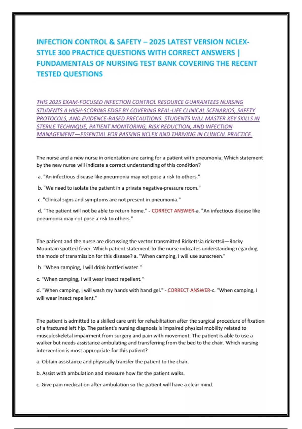 INFECTION CONTROL & SAFETY – 2025 LATEST VERSION NCLEX-STYLE 300 ...