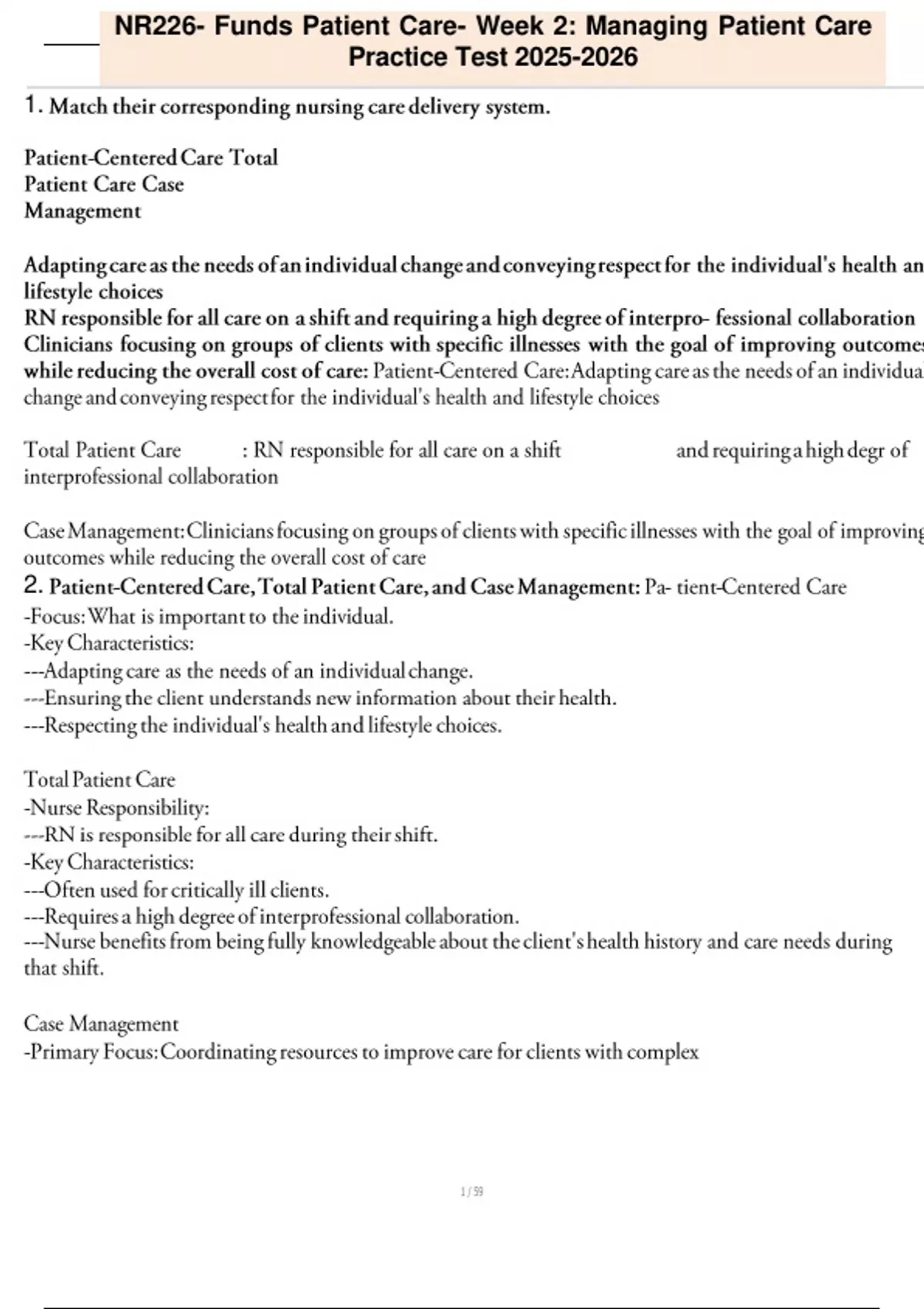 NR226- Funds Patient Care- Week 2: Managing Patient Care Practice Test ...