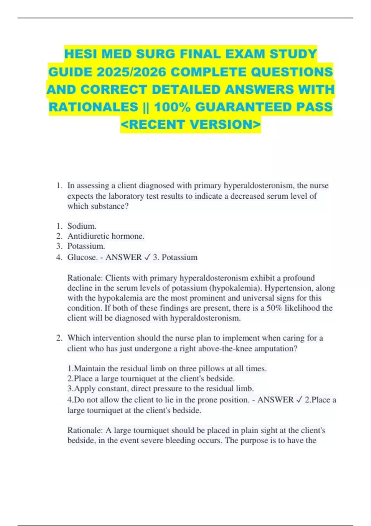 HESI MED SURG FINAL EXAM STUDY GUIDE 2025/2026 COMPLETE QUESTIONS AND ...