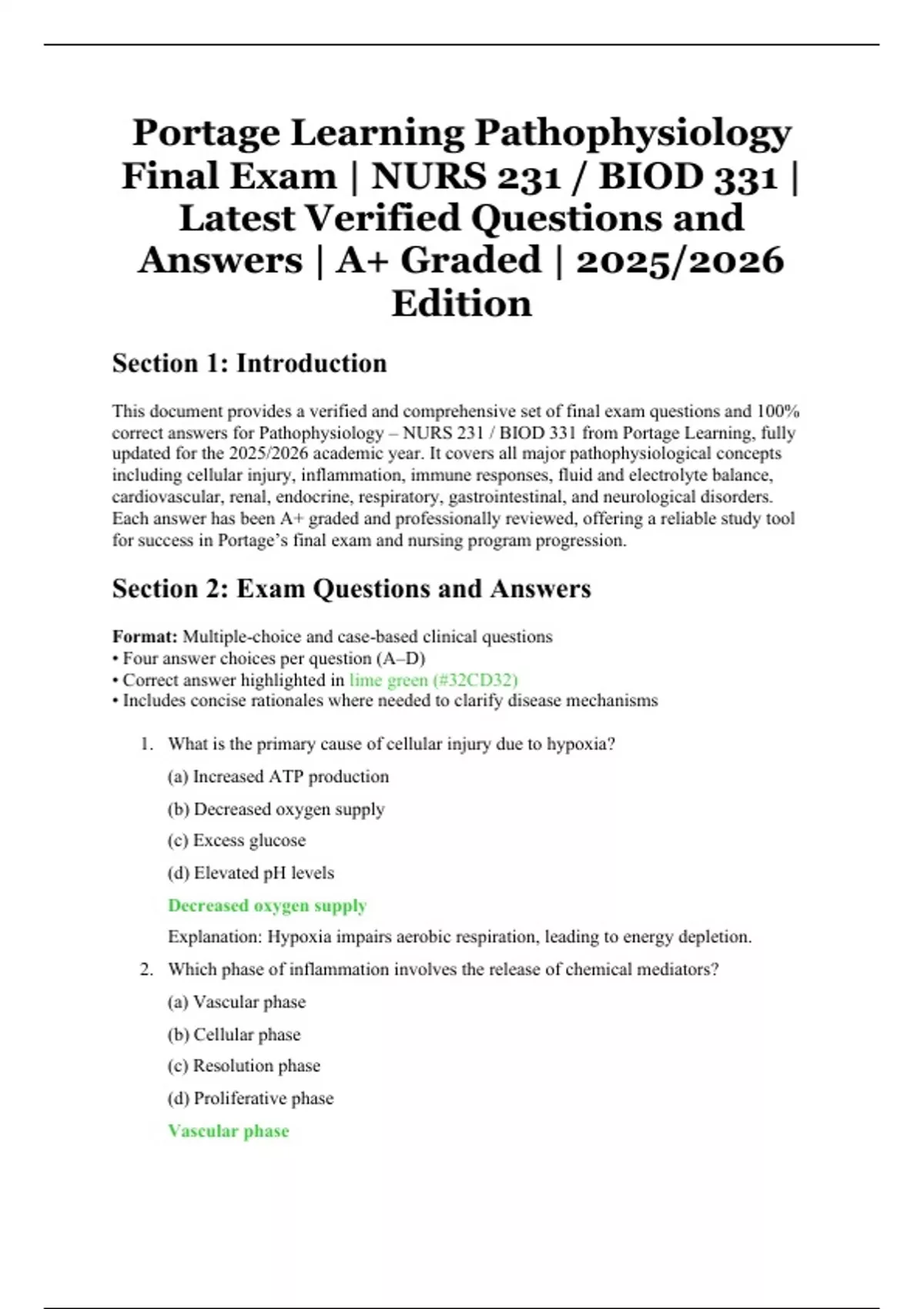 Portage Learning Pathophysiology Final Exam – NURS 231 / BIOD 331 ...