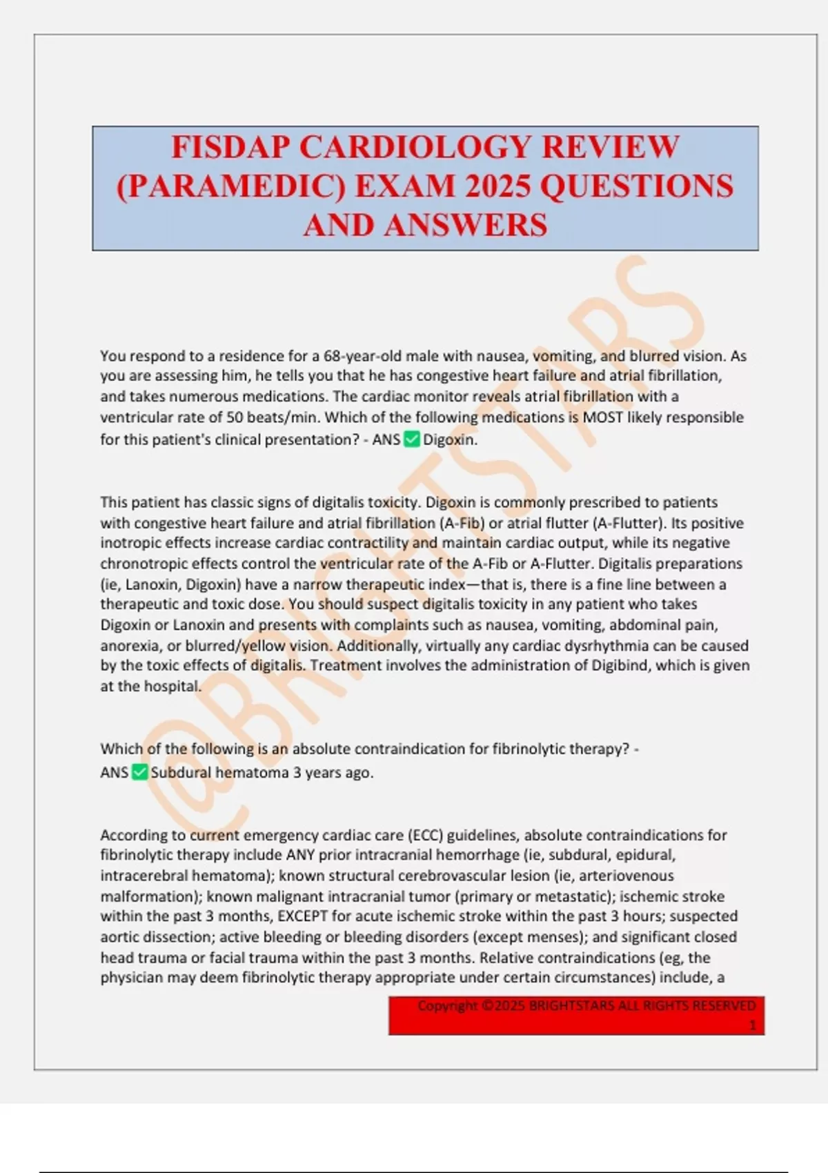 FISDAP CARDIOLOGY REVIEW (PARAMEDIC) EXAM 2025 QUESTIONS AND ANSWERS ...