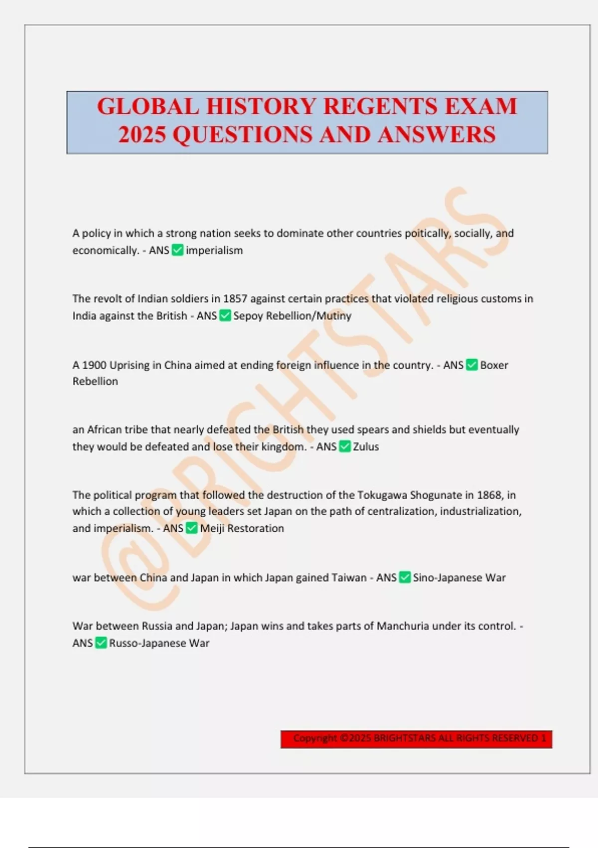 GLOBAL HISTORY REGENTS EXAM 2025 QUESTIONS AND ANSWERS - GLOBAL HISTORY ...