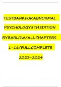 Test Bank For Abnormal Psychology 8th Edition By Barlow All Chapters 1-16 Full Complete 2024&sol;2025