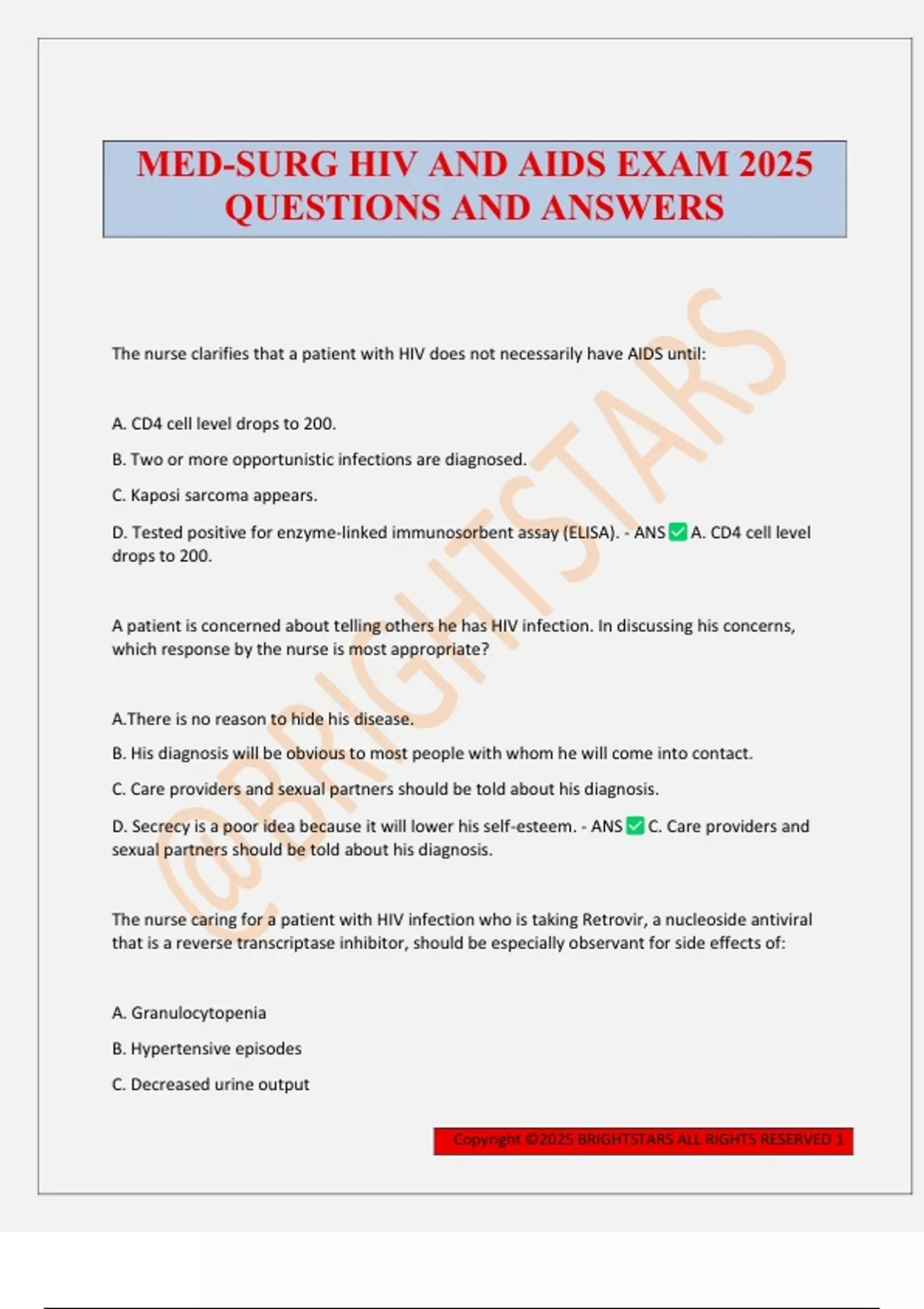 Questions Hiv MED-SURG HIV AND AIDS EXAM 2025 QUESTIONS AND ANSWERS - HIV/AIDS ...