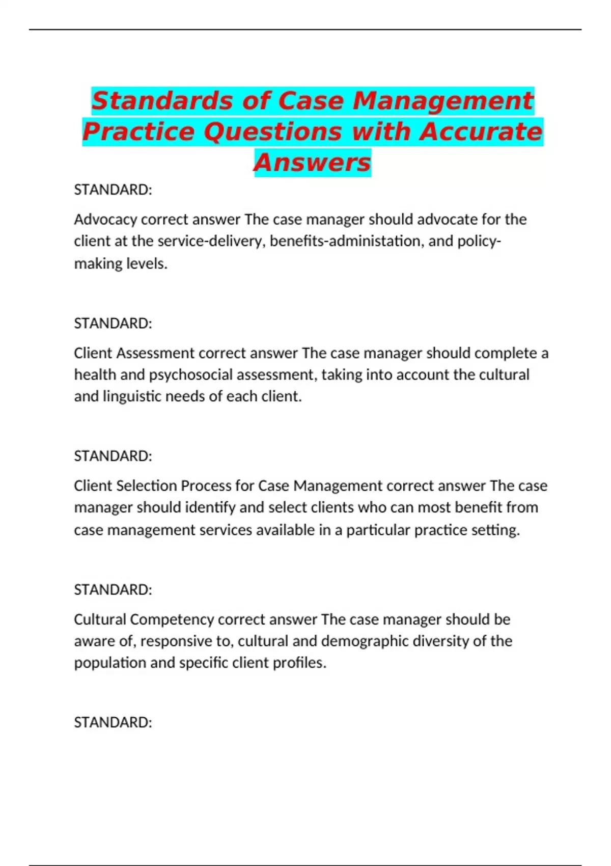 Standards of Case Management Practice Questions with Accurate Answers ...