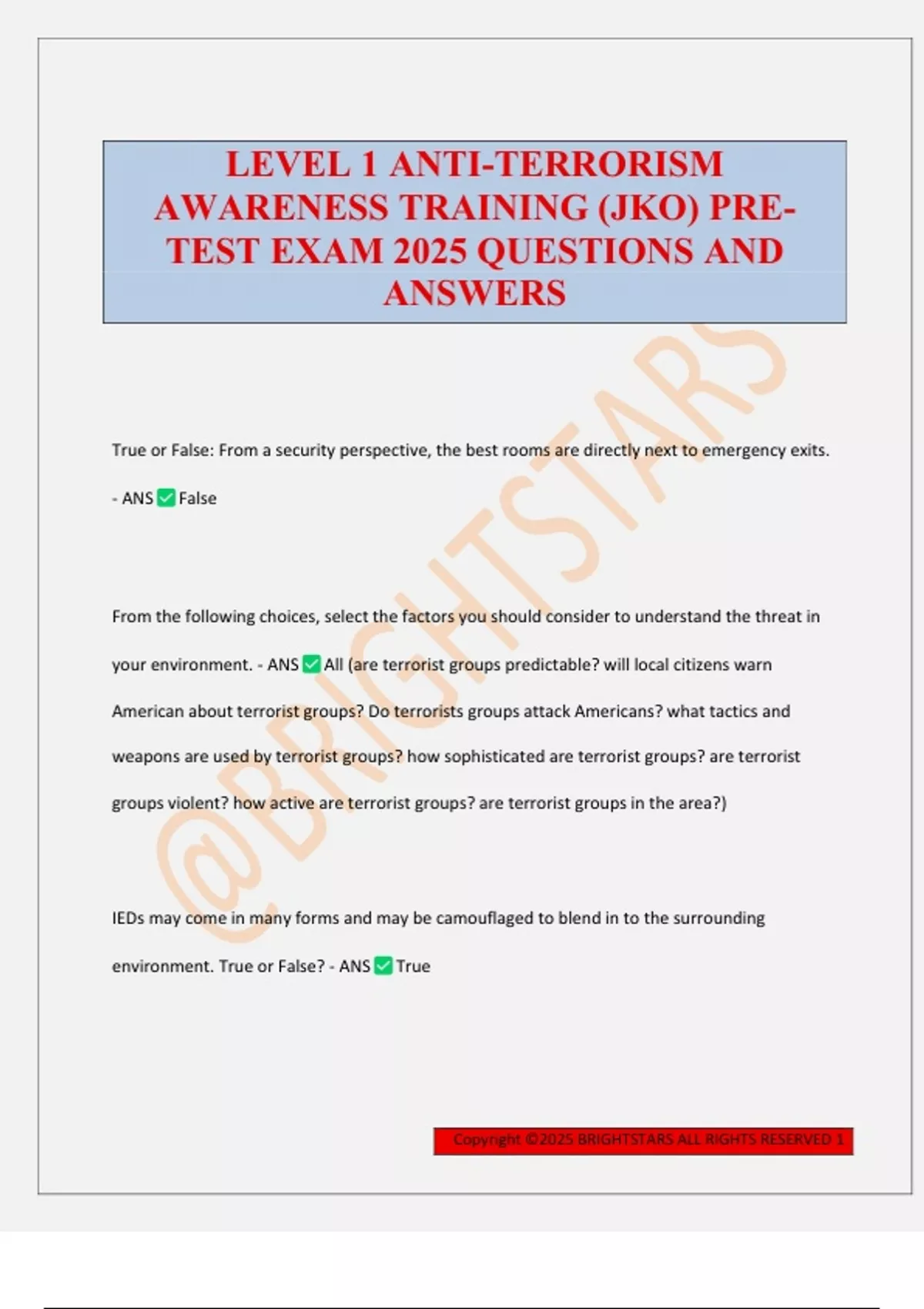 LEVEL 1 ANTI-TERRORISM AWARENESS TRAINING (JKO) PRE- TEST EXAM 2025 ...