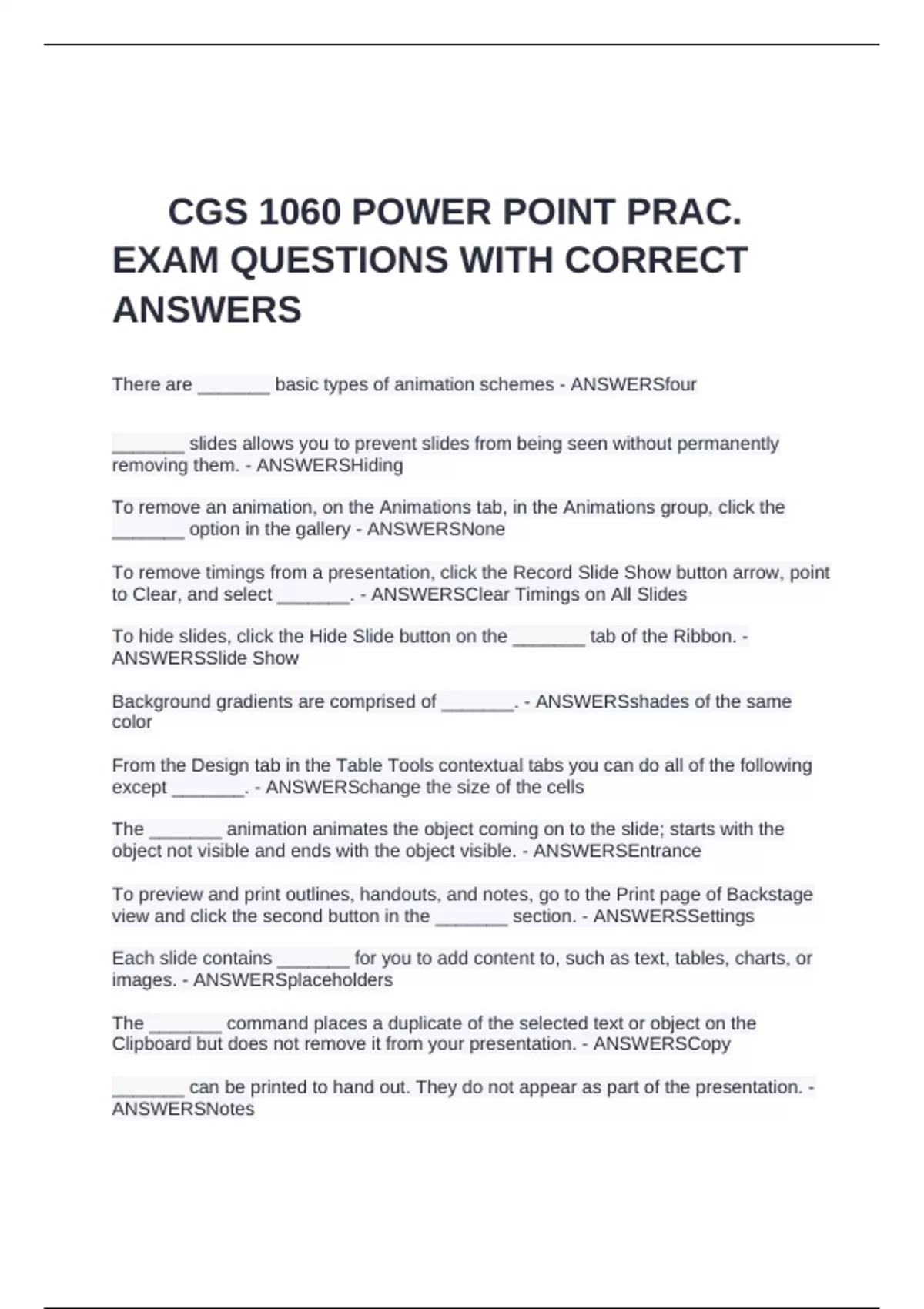 CGS 1060 POWER POINT PRAC. EXAM QUESTIONS WITH CORRECT ANSWERS - CGS ...