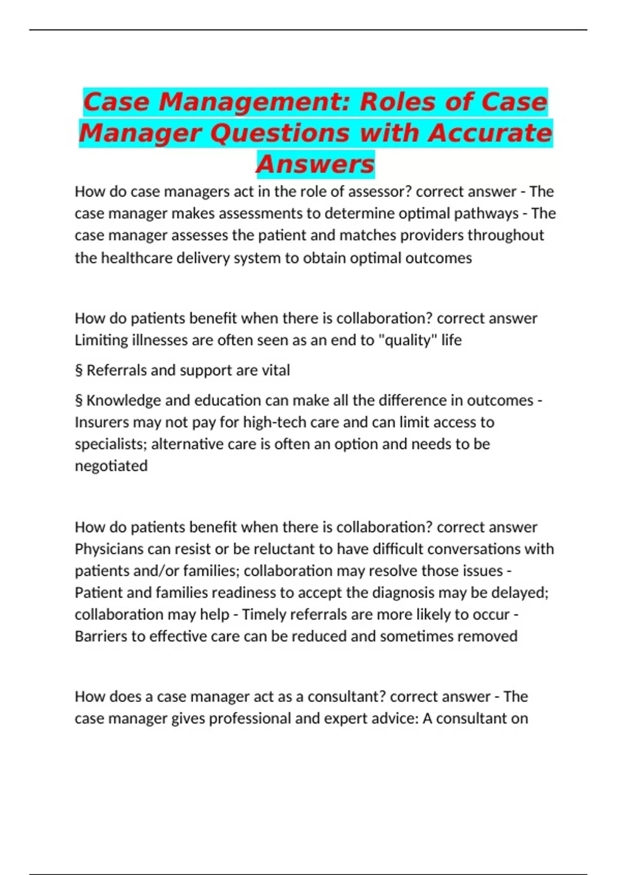Case Management: Roles of Case Manager Questions with Accurate Answers ...