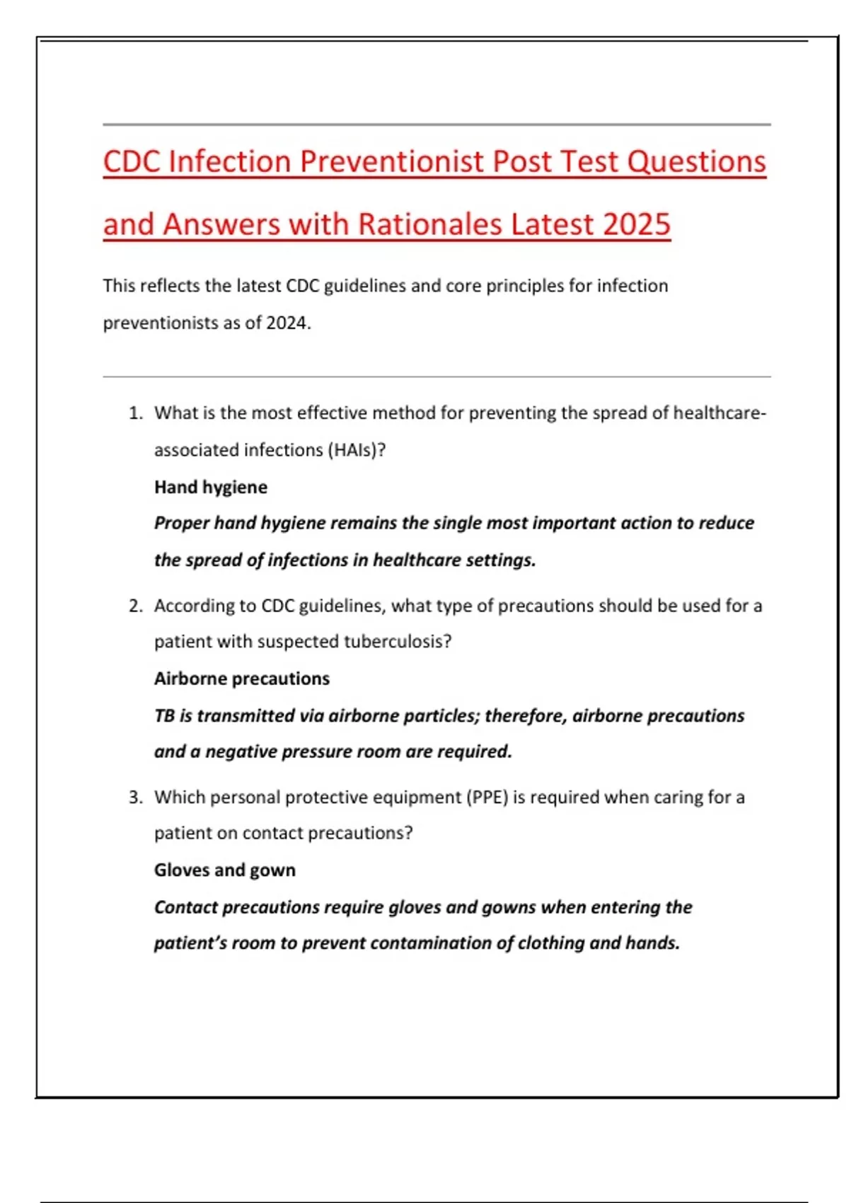 CDC Infection Preventionist Post Test Questions and Answers with ...