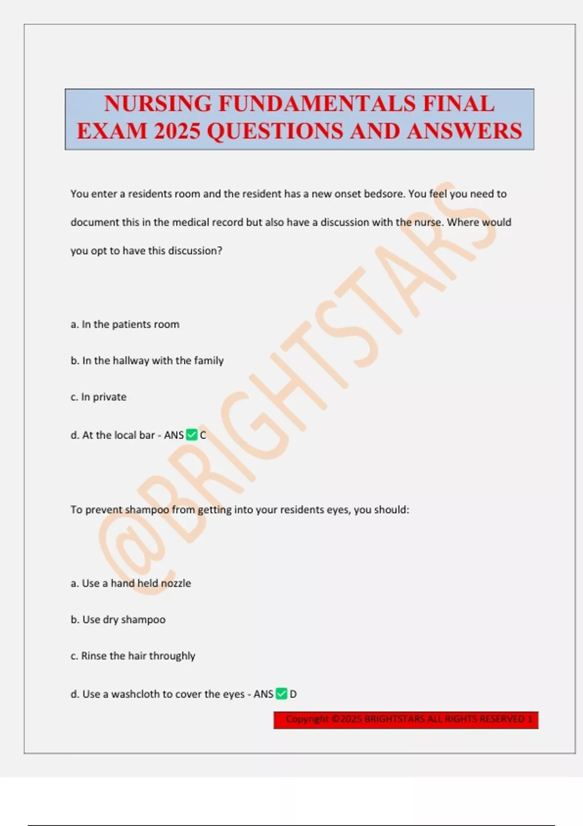 NURSING FUNDAMENTALS FINAL EXAM 2025 QUESTIONS AND ANSWERS - Nursing ...