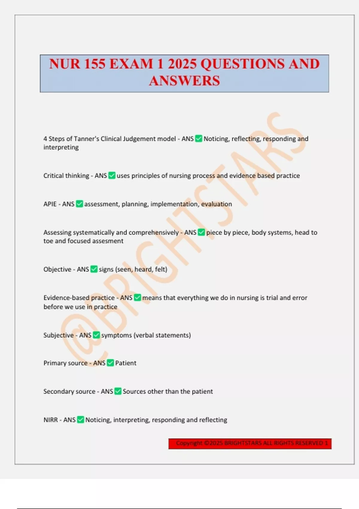 NUR 155 EXAM 1 2025 QUESTIONS AND ANSWERS - NUR 155 - Stuvia UK