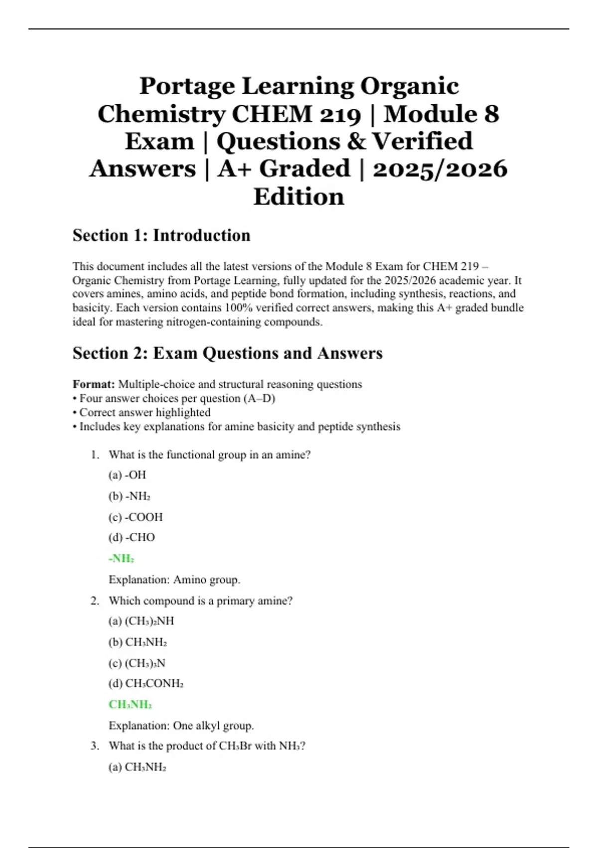 Orgo Module 8 Study Guide Portage Learning Organic Chemistry CHEM 219 – Module 8 Exam – Questions ...