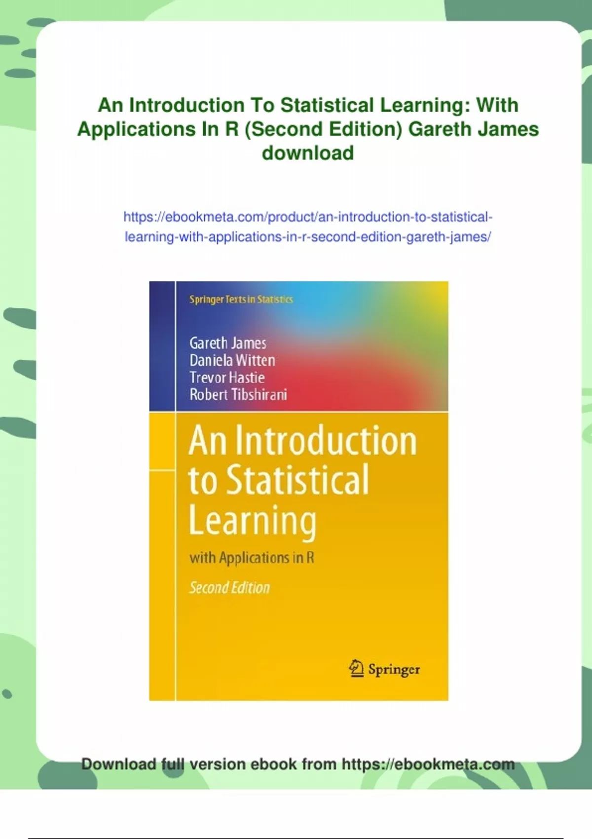 Summary An Introduction To Statistical Learning: With Applications In R ...