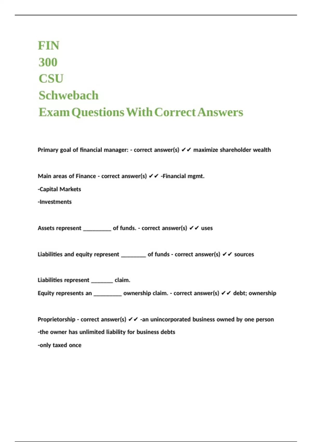 FIN 300 CSU Schwebach Exam Questions With Correct Answers - FIN 300 ...