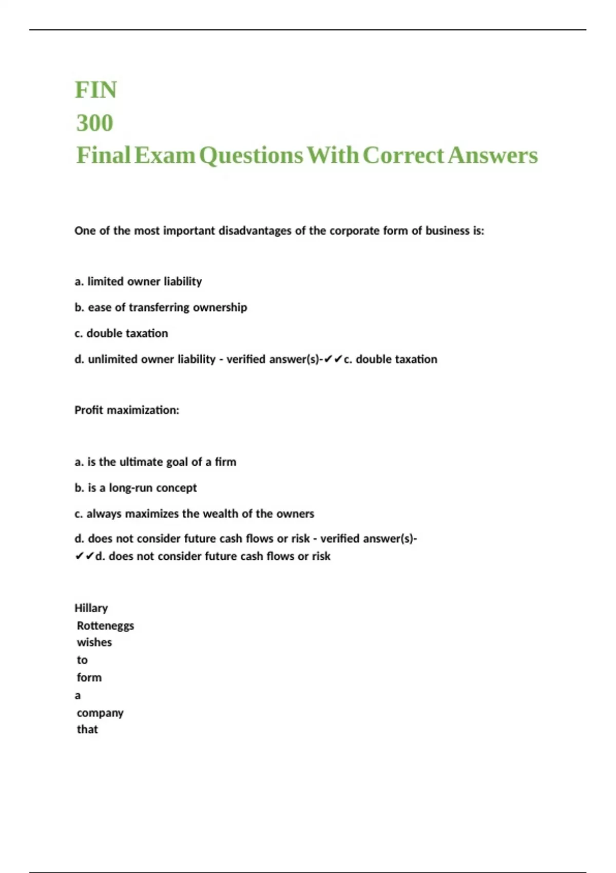 FIN 300 Final Exam Questions With Correct Answers - FIN 300 - Stuvia US
