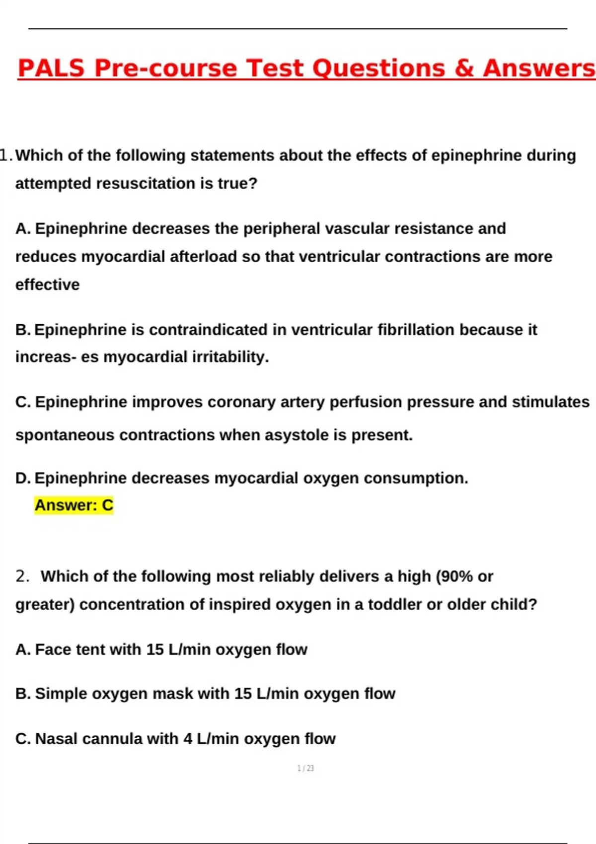 PALS Pre-Course Test (Latest 2025 / 2026): Most Comprehensive Qs & Ans ...