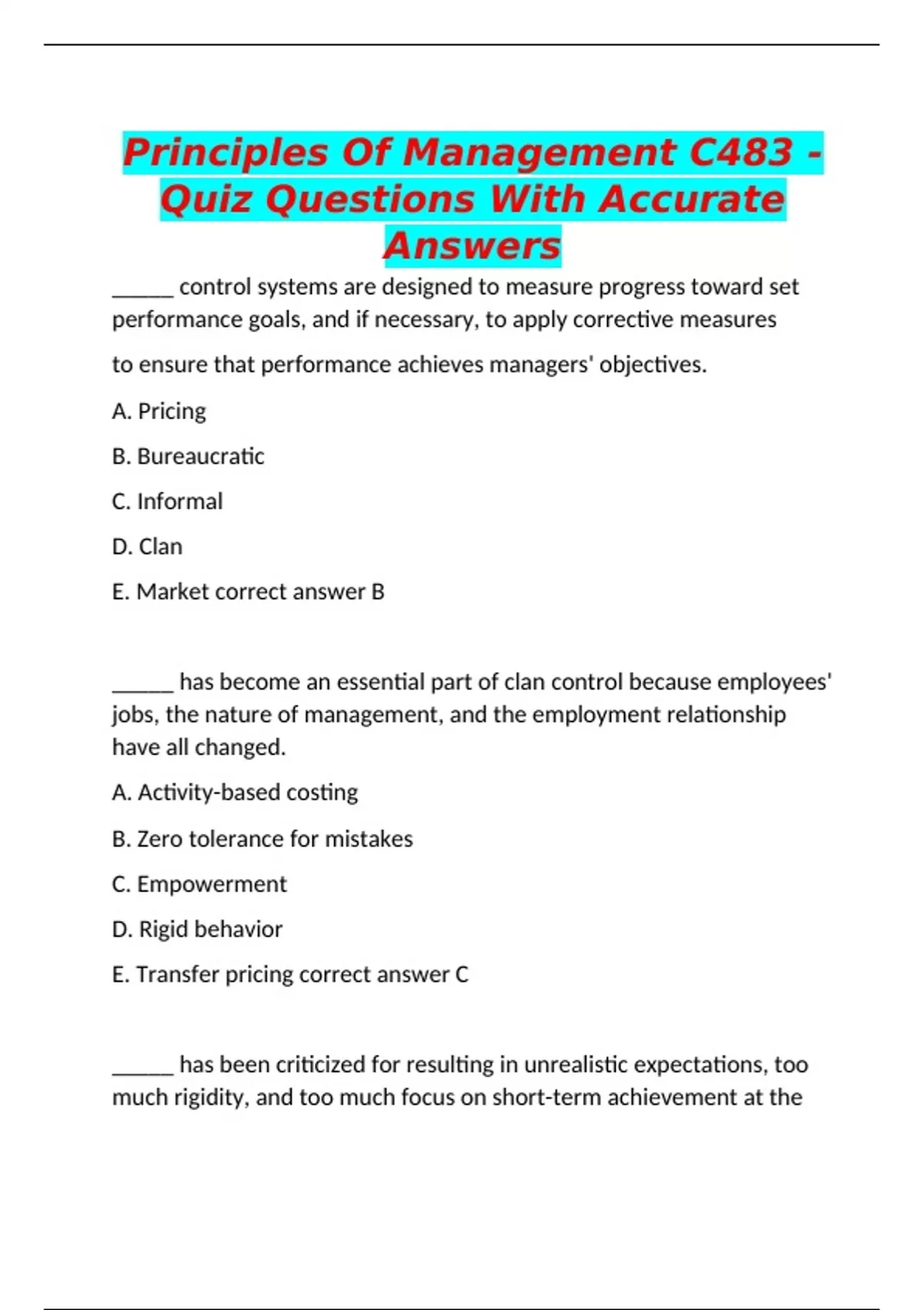 Principles Of Management C483 - Quiz Questions With Accurate Answers ...