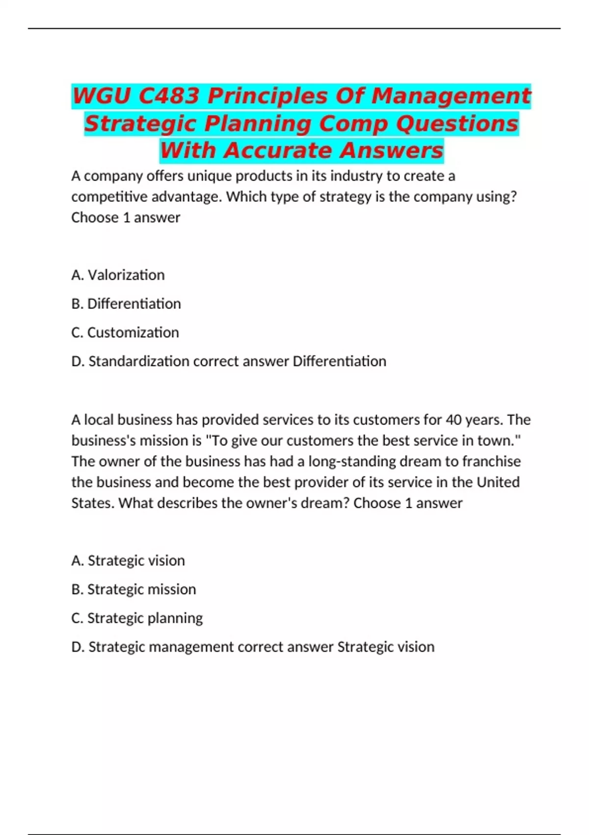 WGU C483 Principles Of Management Strategic Planning Comp Questions ...