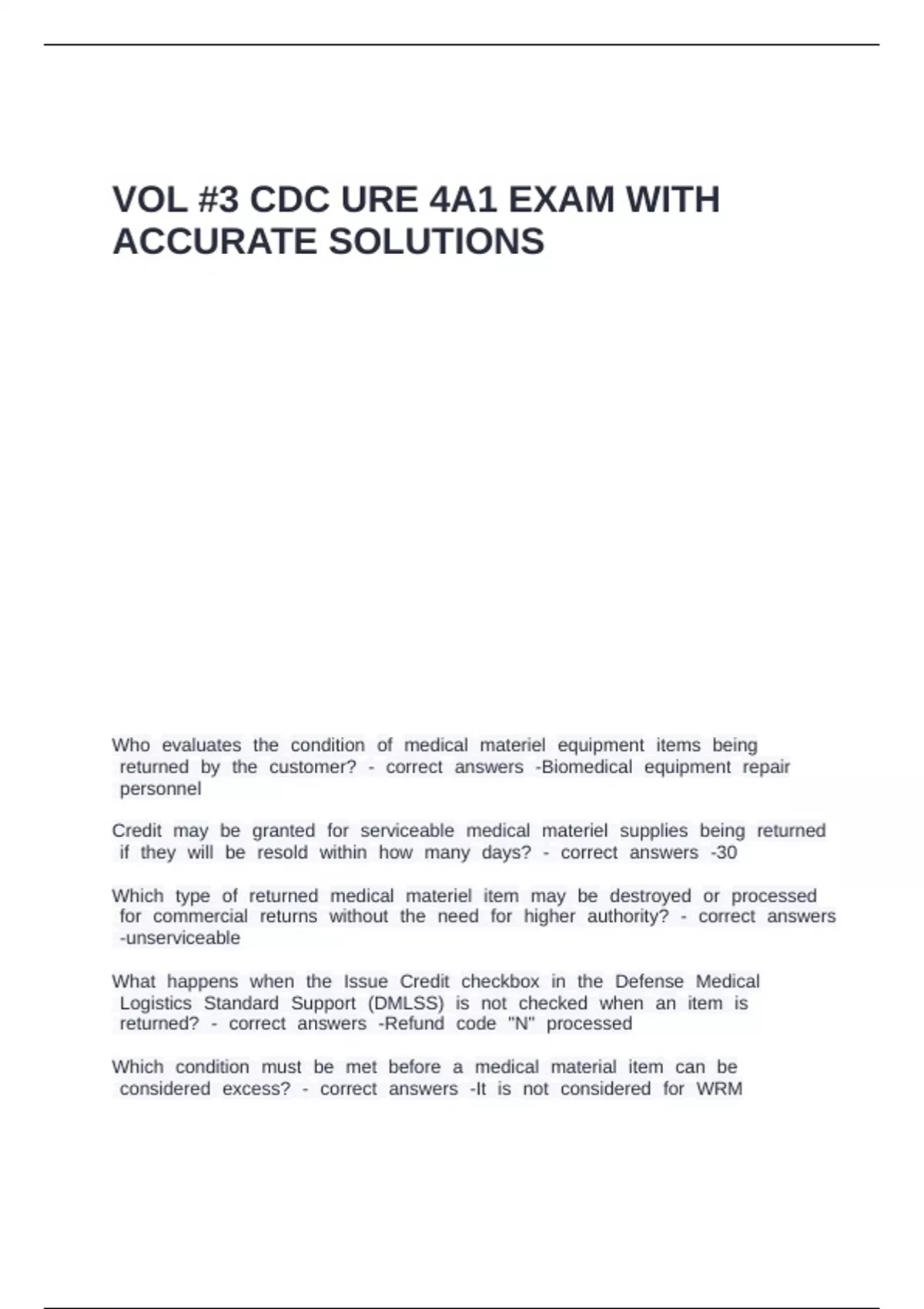 VOL -3 CDC URE 4A1 EXAM WITH ACCURATE SOLUTIONS - Medical Logistics 4A1 ...