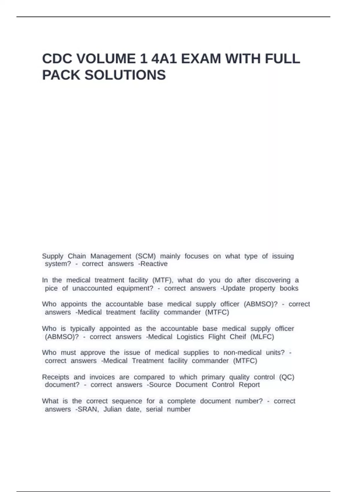 CDC VOLUME 1 4A1 EXAM WITH FULL PACK SOLUTIONS - Medical Logistics 4A1 ...