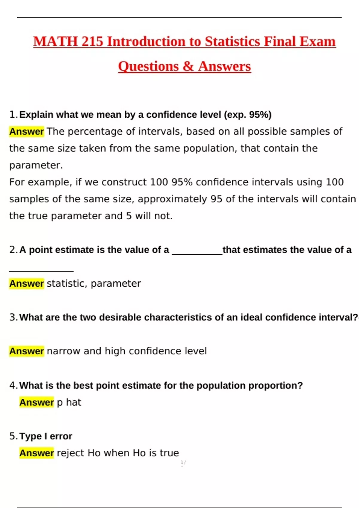 MATH 215 Introduction to statistics Final Exam Actual 2025 Questions ...