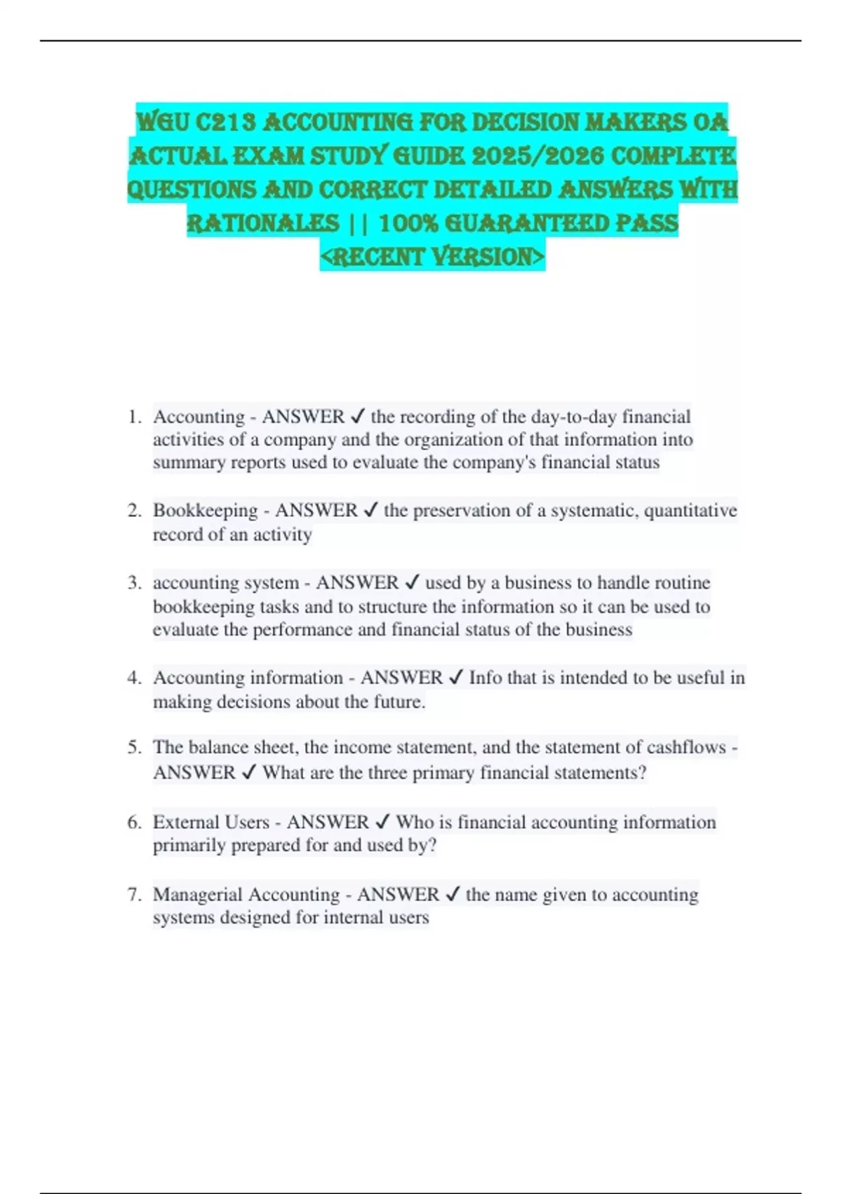 WGU C213 Accounting for Decision Makers OA ACTUAL EXAM STUDY GUIDE 2025 ...
