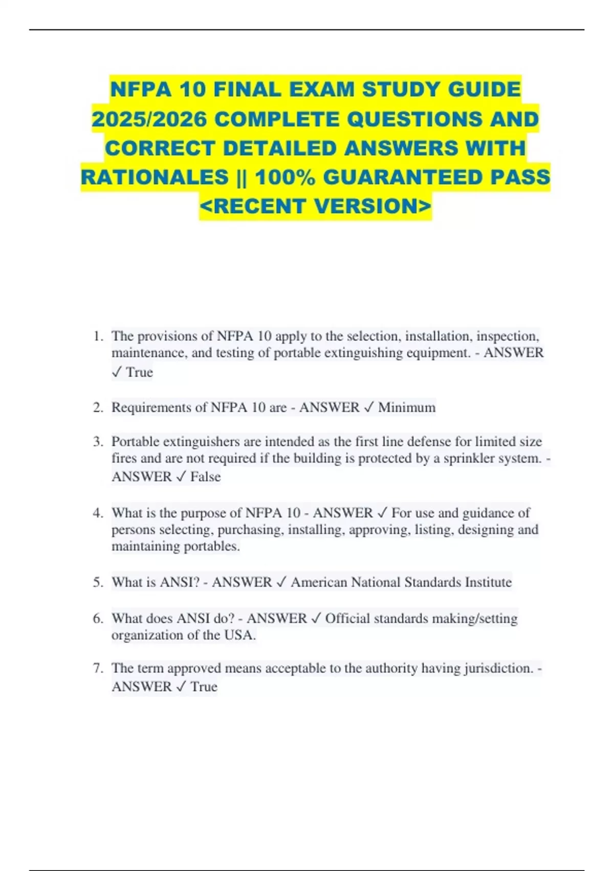 NFPA 10 FINAL EXAM STUDY GUIDE 2025/2026 COMPLETE QUESTIONS AND CORRECT ...