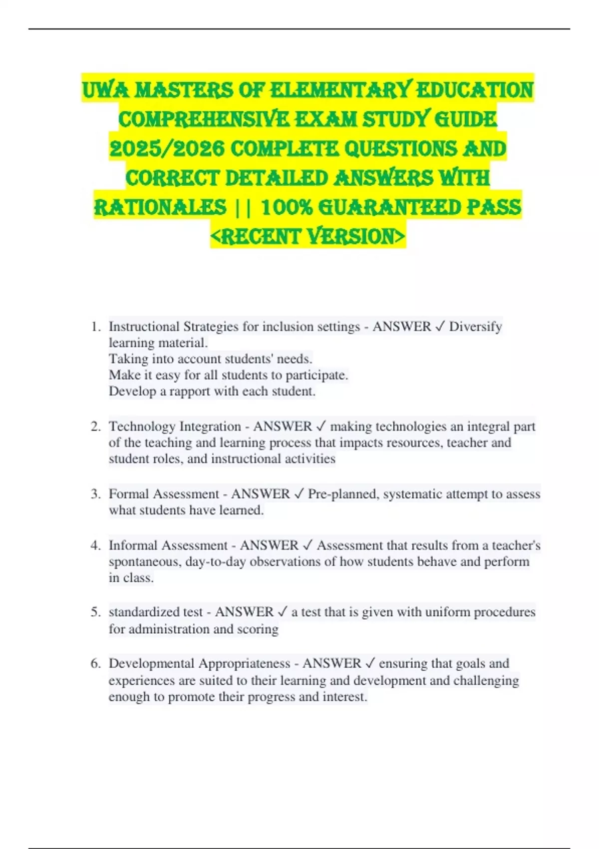 UWA Masters of Elementary Education Comprehensive Exam STUDY GUIDE 2025 ...