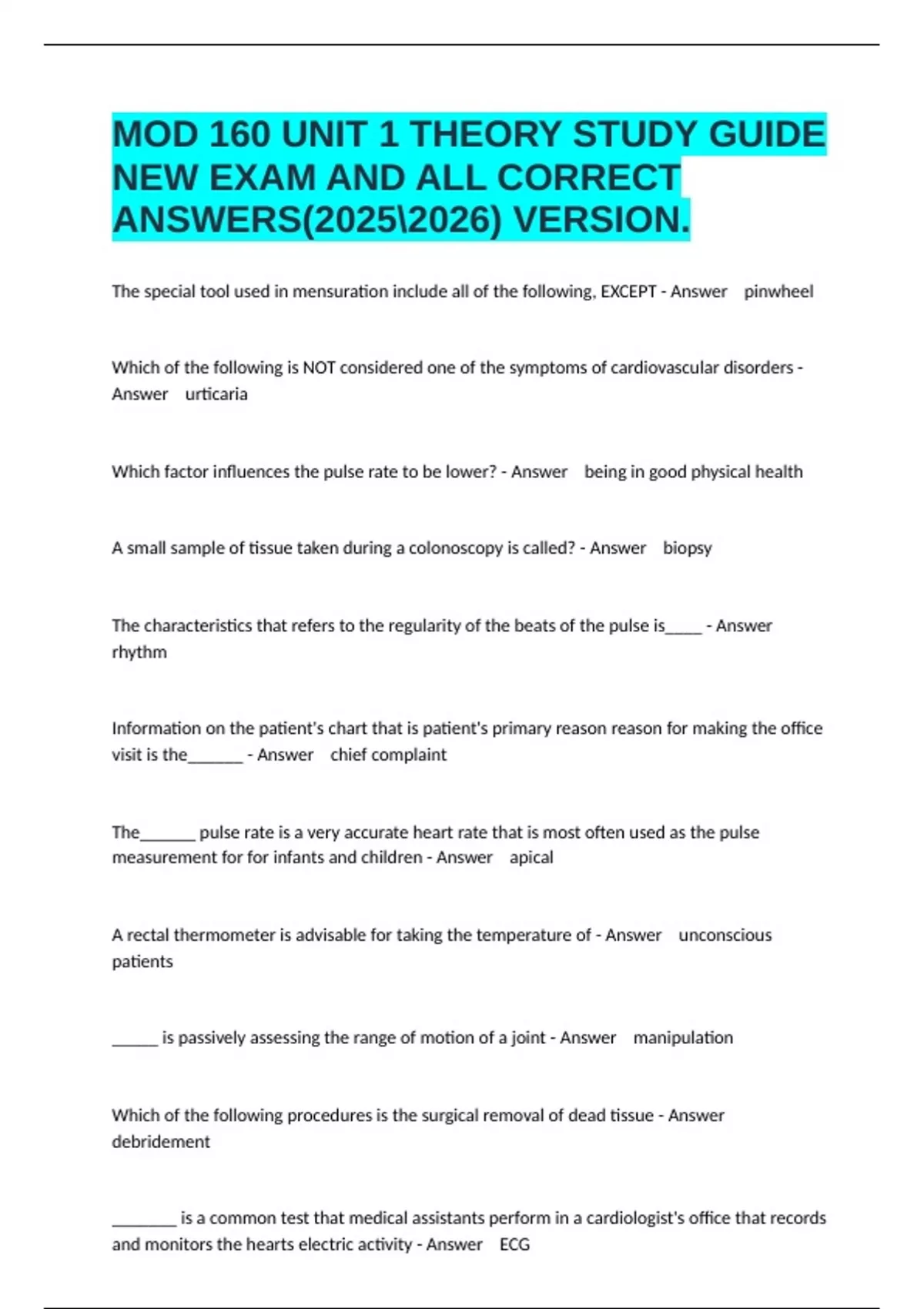MOD 160 UNIT 1 THEORY STUDY GUIDE NEW EXAM AND ALL CORRECT ANSWERS ...