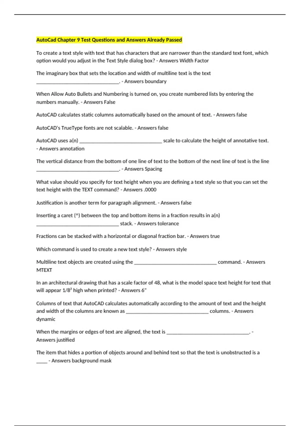AutoCad Chapter 9 Test Questions and Answers Already Passed - AutoCad ...