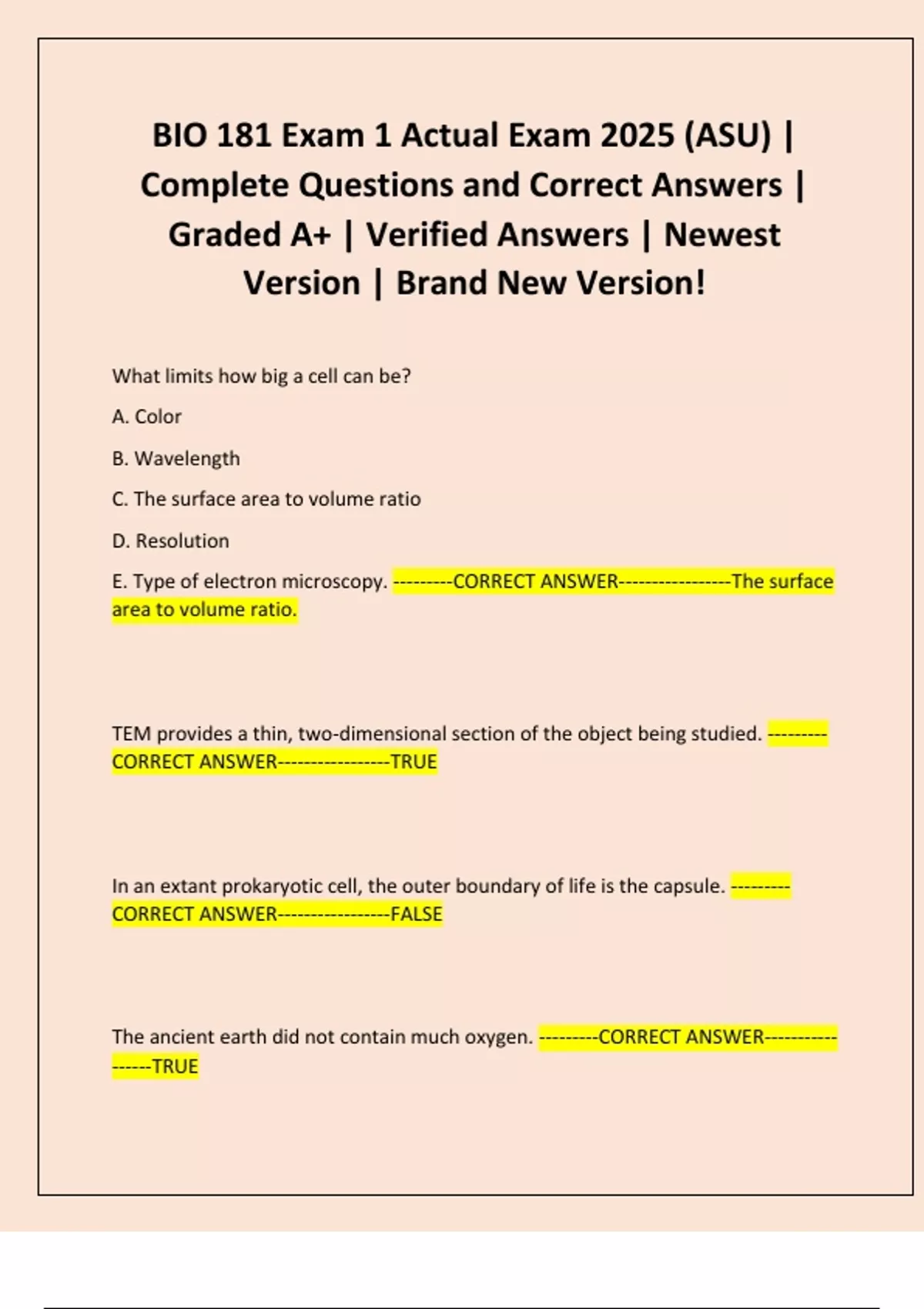 BIO 181 Exam 1 Actual Exam 2025 (ASU) | Complete Questions and Correct ...