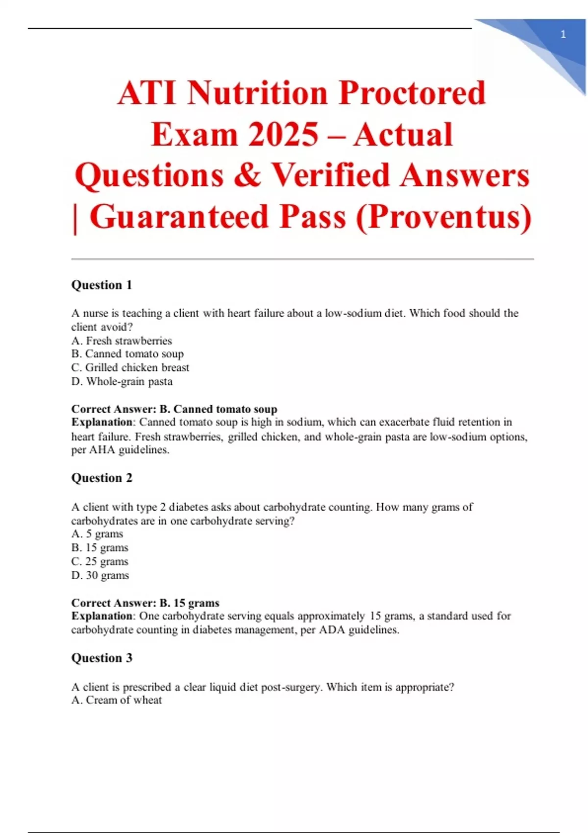ATI Nutrition Proctored Exam 2025 – Actual Questions & Verified Answers ...