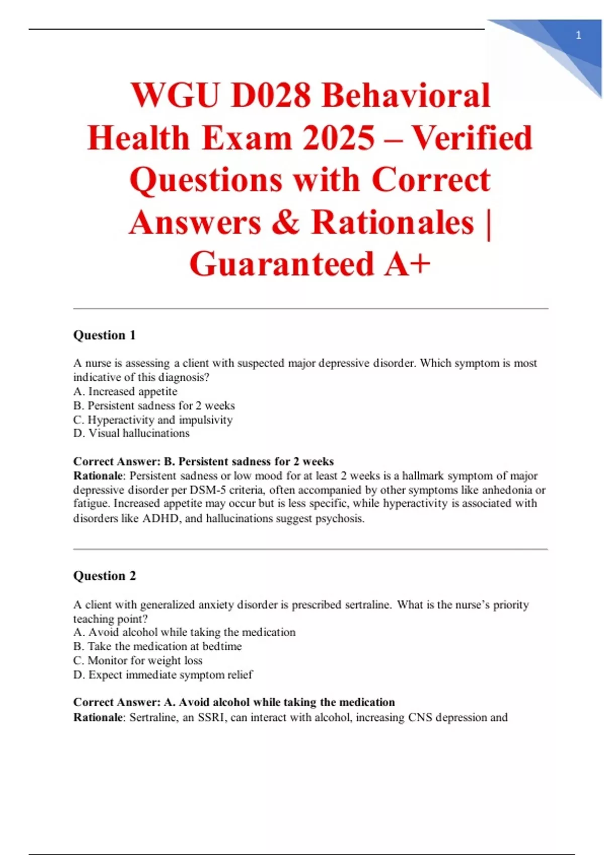 WGU D028 Behavioral Health Exam 2025 – Verified Questions with Correct ...