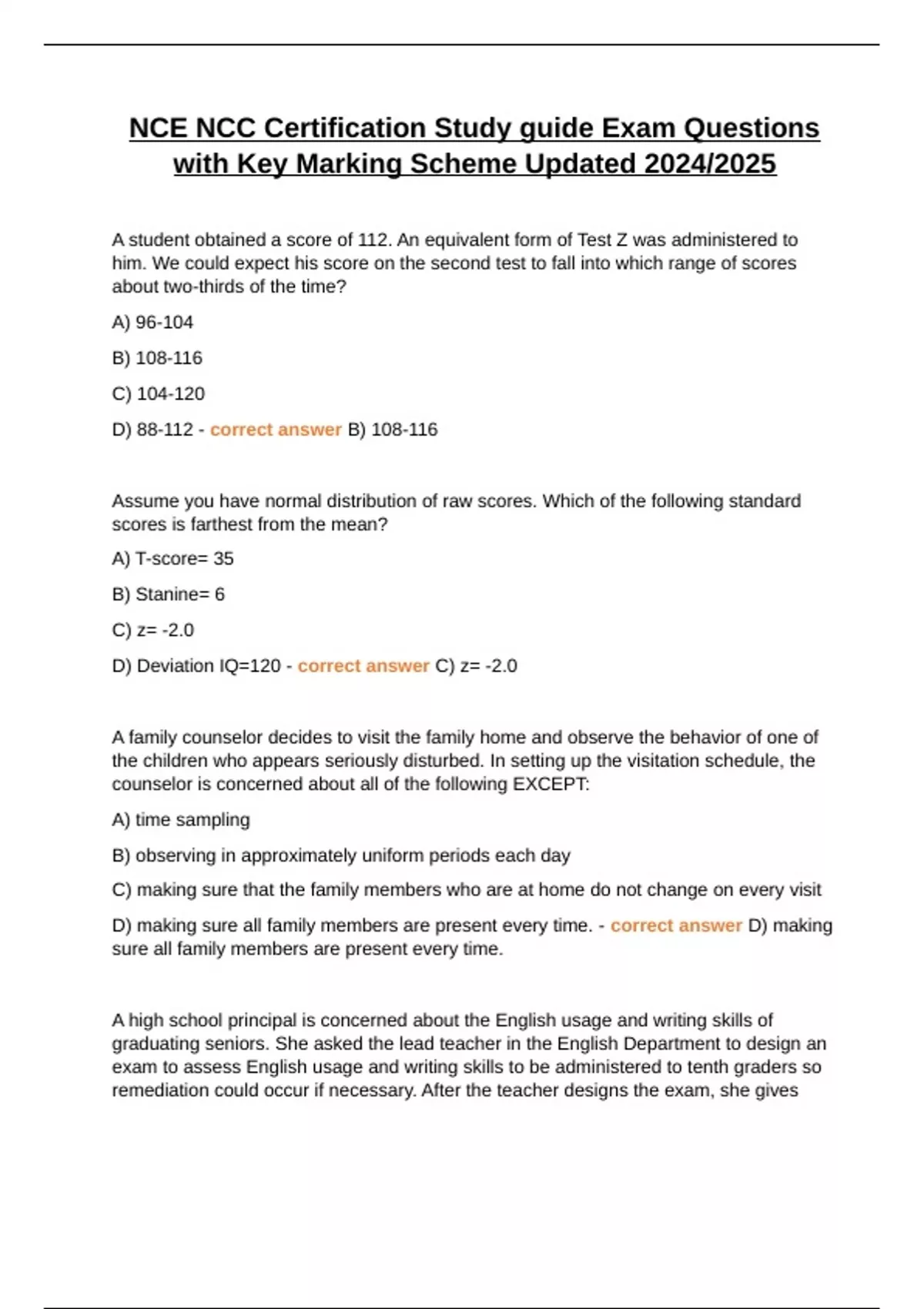 NCE NCC Certification Study guide Exam Questions with Key Marking ...