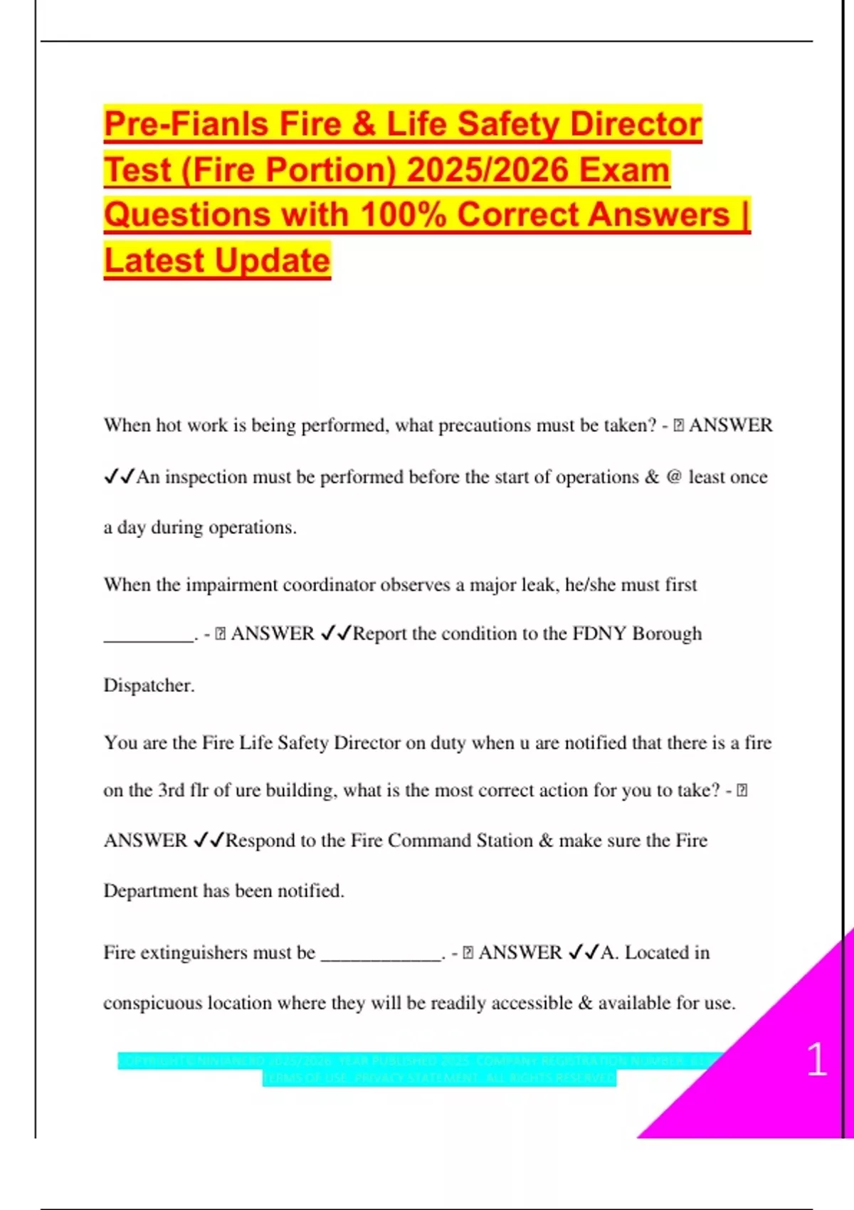Pre-Fianls Fire & Life Safety Director Test (Fire Portion) 2025/2026 Exam Questions with 100% ...