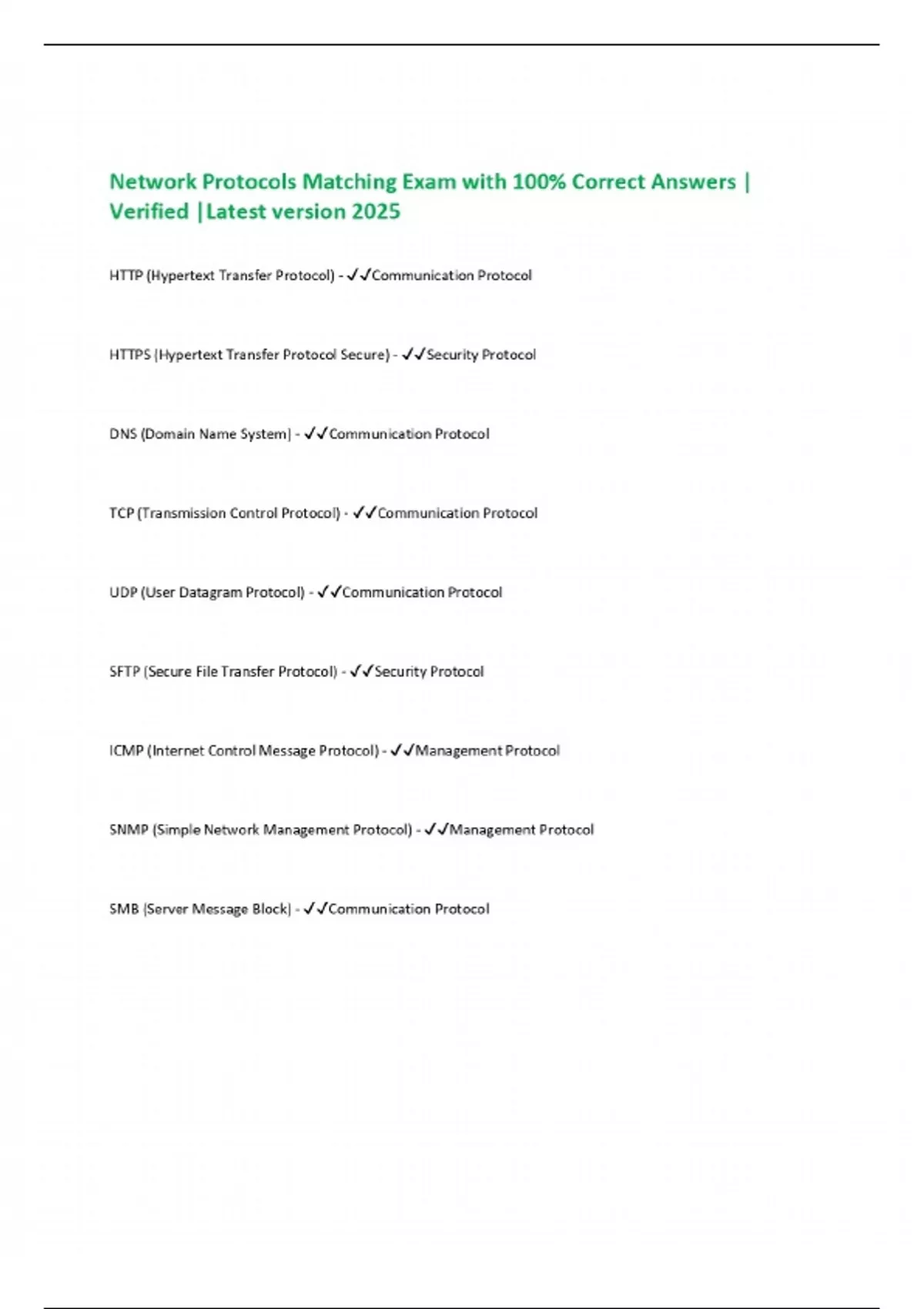 Network Protocols Matching Exam with 100% Correct Answers | Verified ...