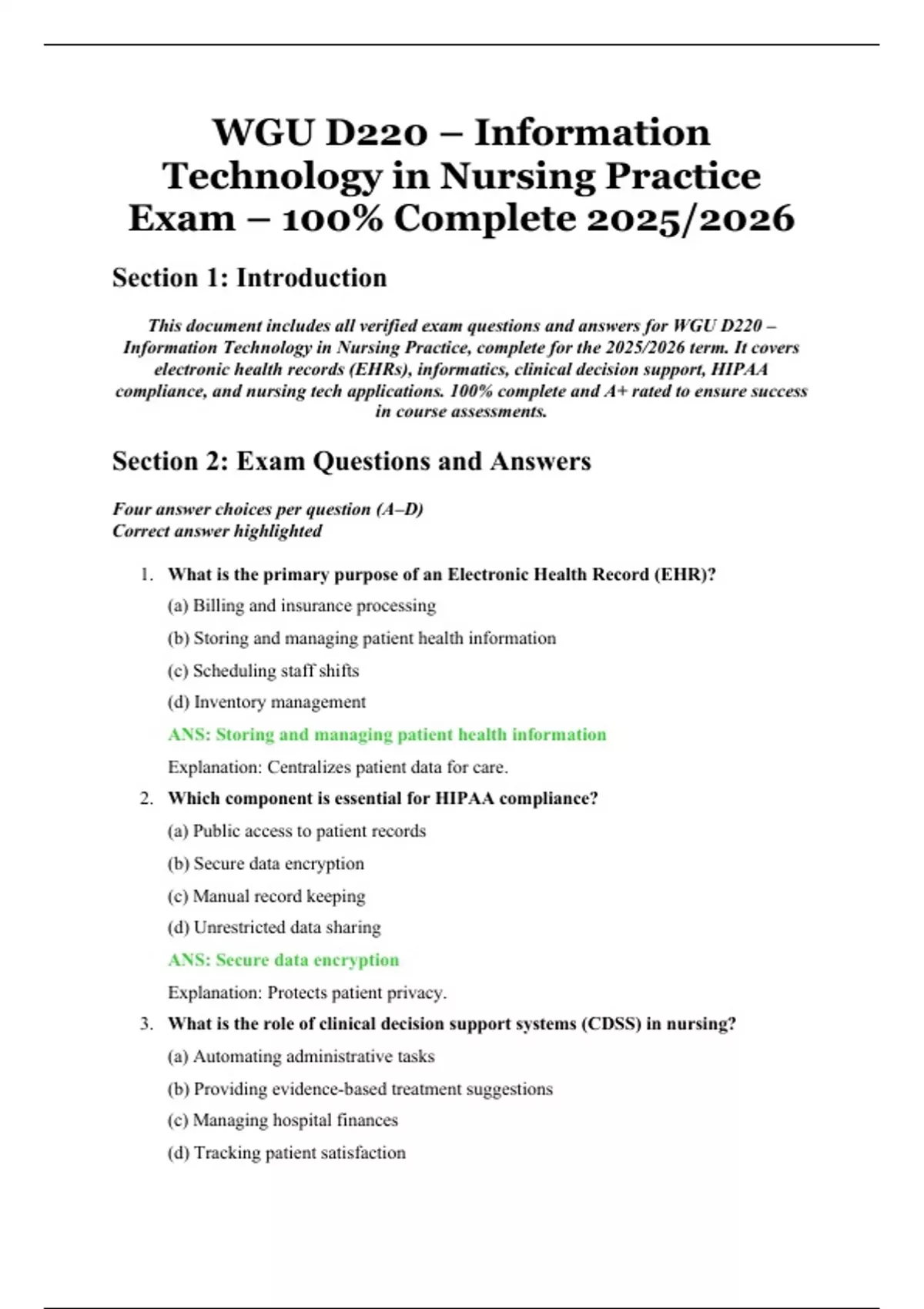 WGU D220 – Information Technology in Nursing Practice Exam – 100% ...