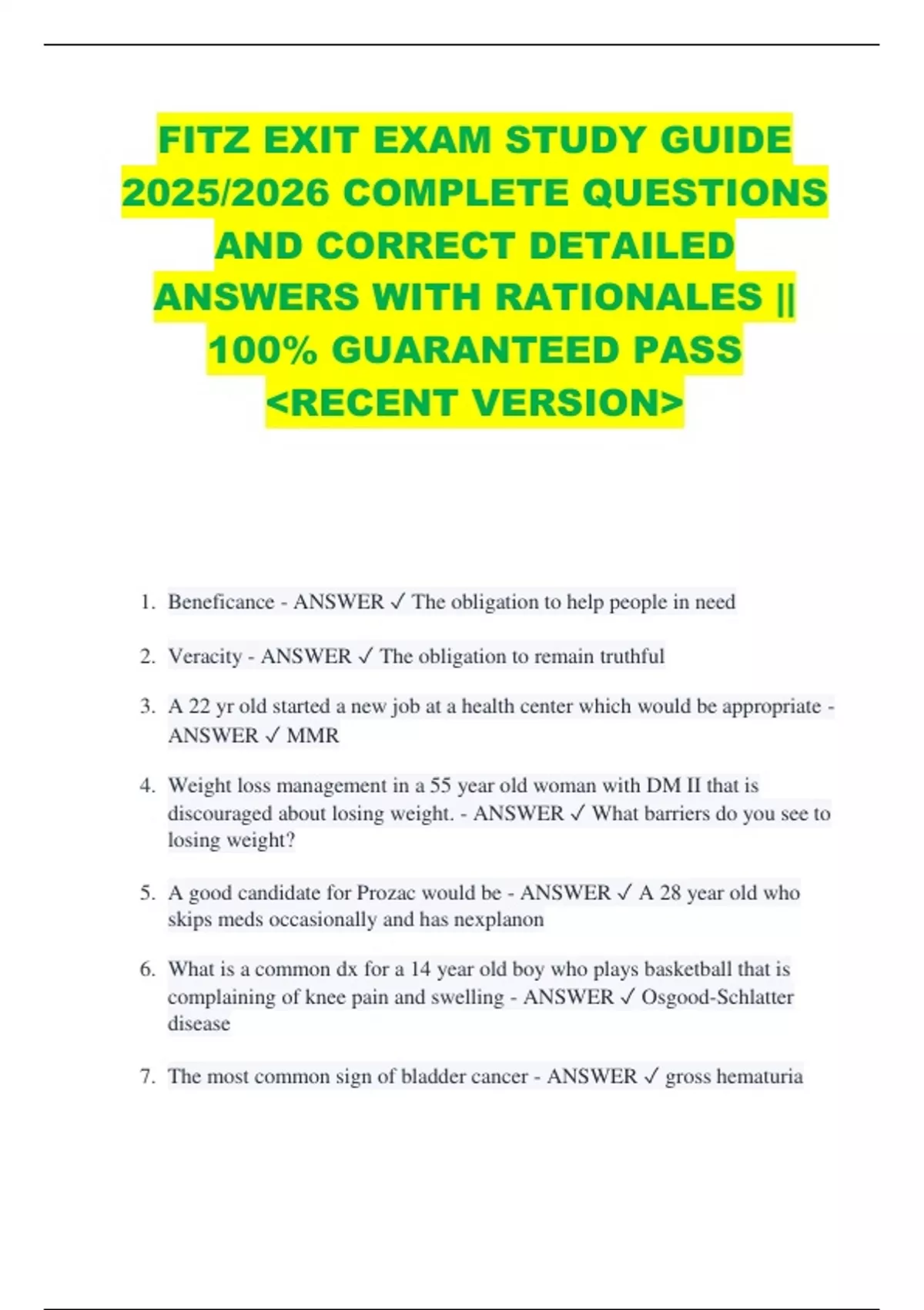 FITZ EXIT EXAM STUDY GUIDE 2025/2026 COMPLETE QUESTIONS AND CORRECT ...