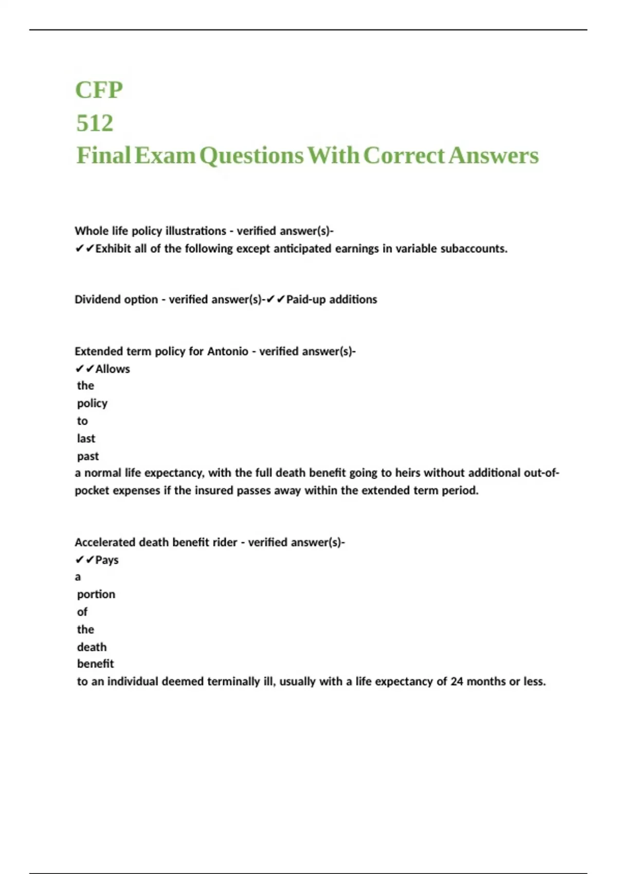 CFP 512 Final Exam Questions With Correct Answers - FP512 - Stuvia US
